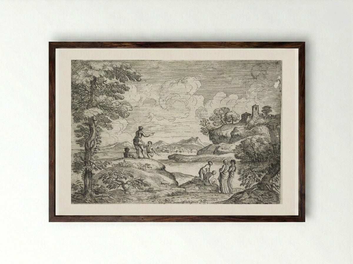 Landscape with Five Men and Two Women - Giovanni Francesco Grimaldi - Framed Print Dark Wood
