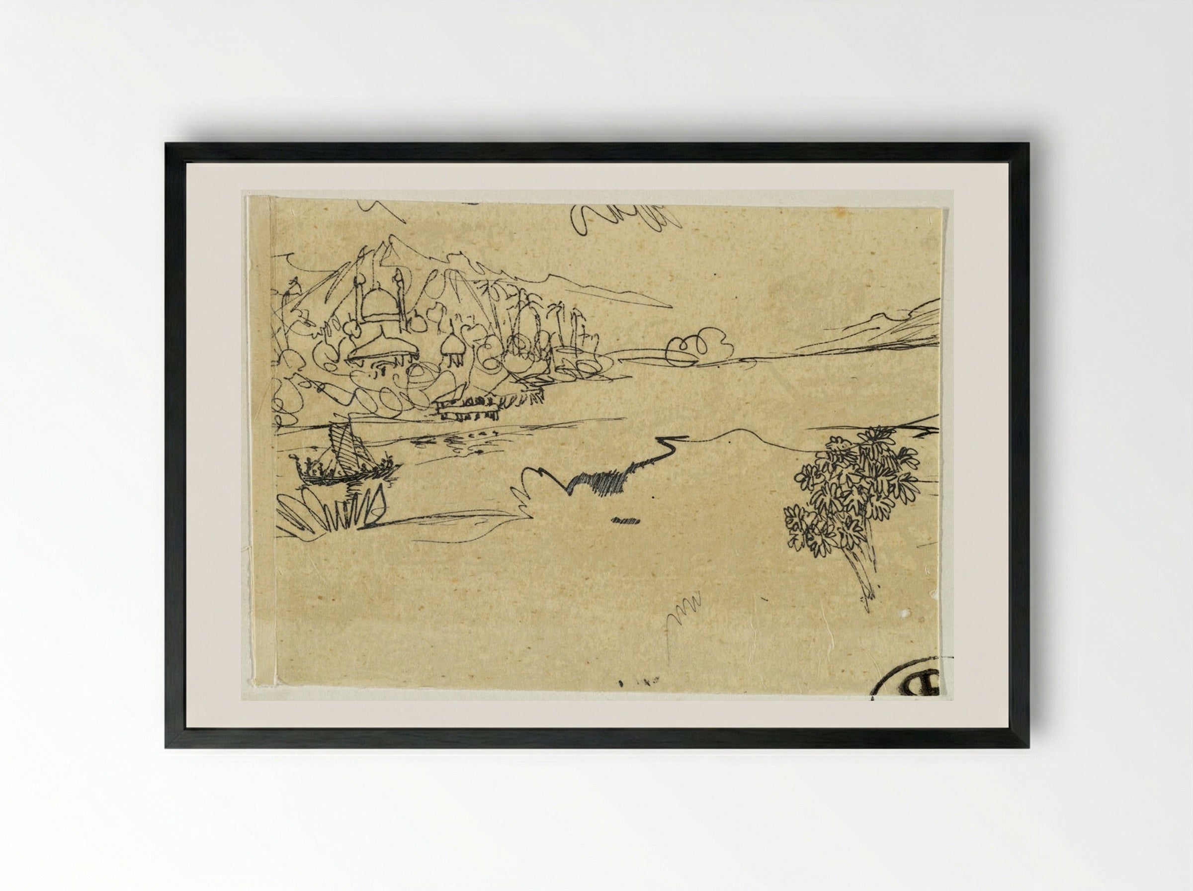 Landscape with Islamic Buildings in Distance - Rodolphe Bresdin - Framed Print Black