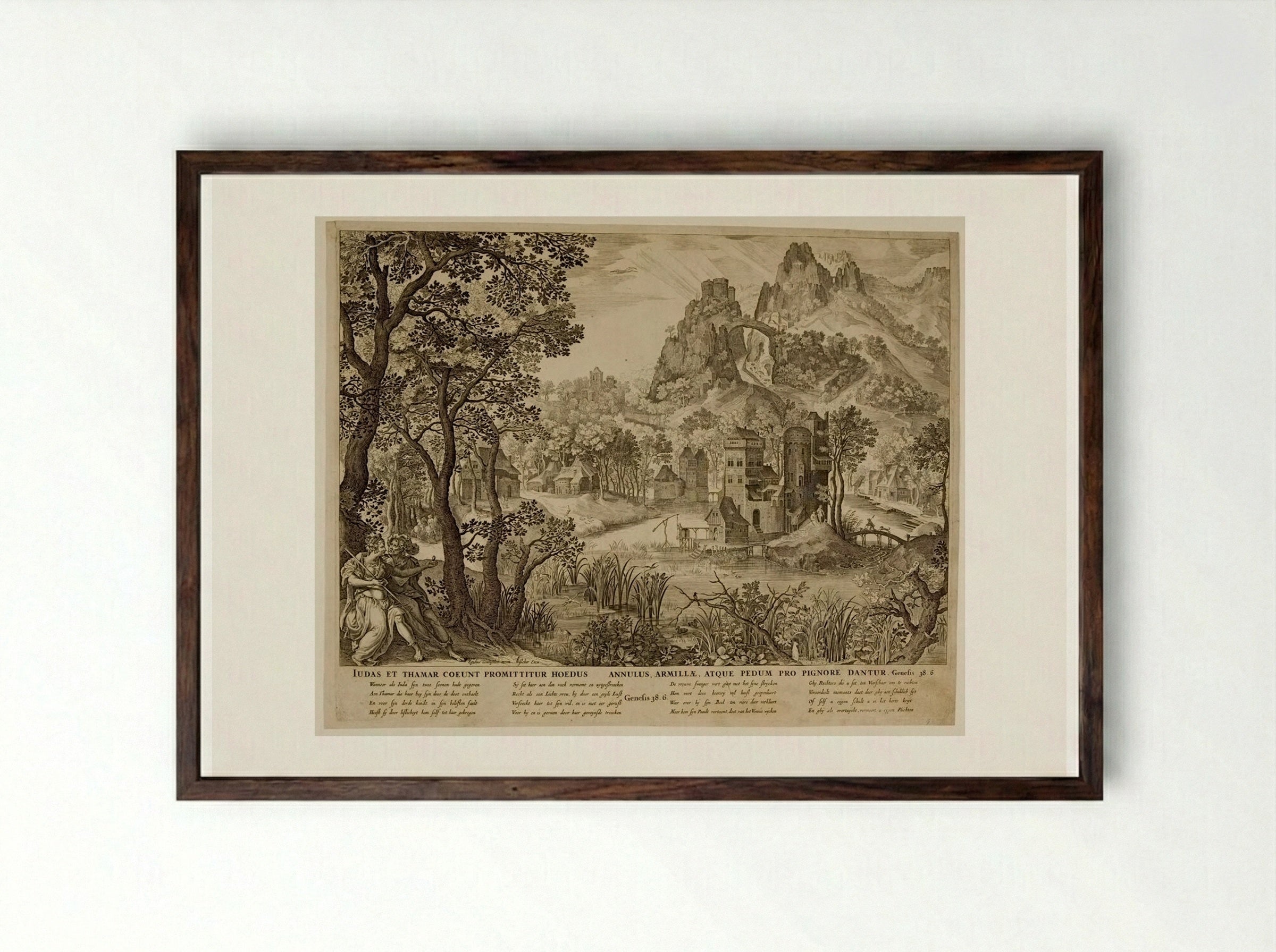 Landscape with Judah and Tamar - Claes Jansz. Visscher - Framed Print Dark Wood