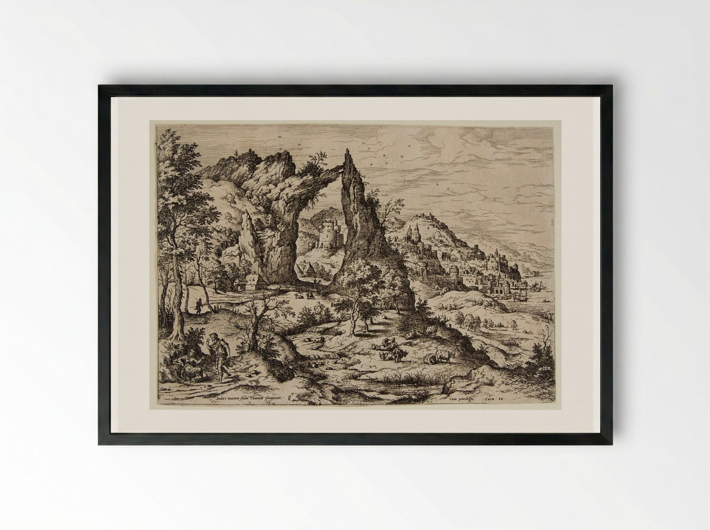 Landscape with Judah and Thamar - Hieronymus Cock - Framed Print Black
