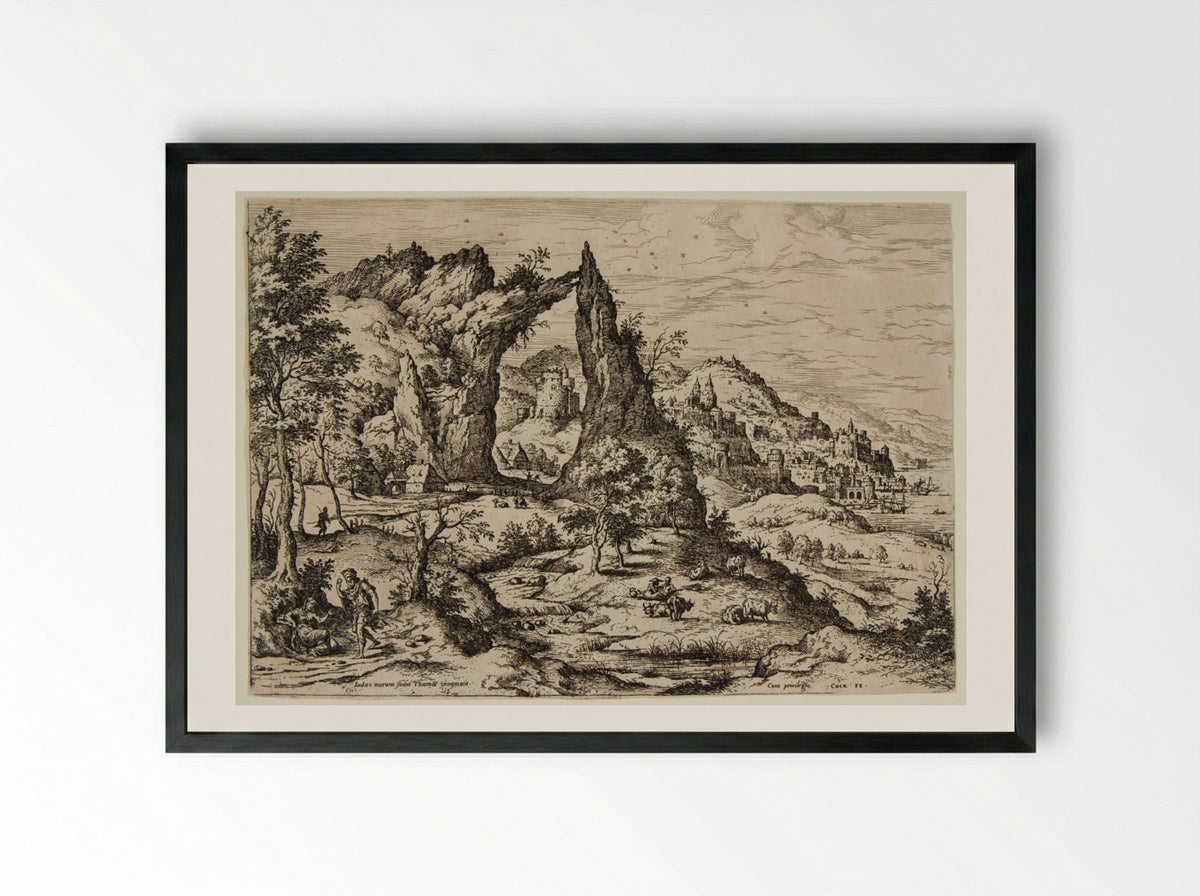 Landscape with Judah and Thamar - Hieronymus Cock - Framed Print Black