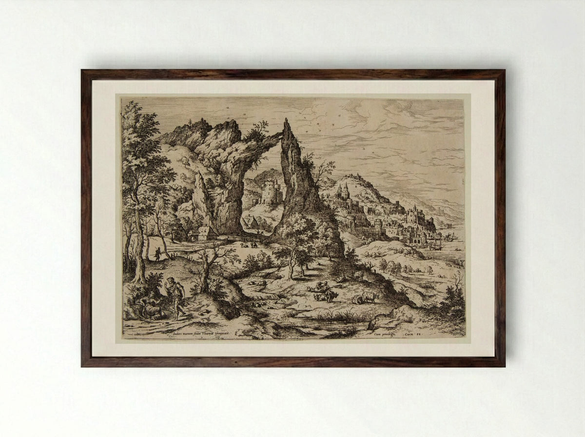 Landscape with Judah and Thamar - Hieronymus Cock - Framed Print Dark Wood