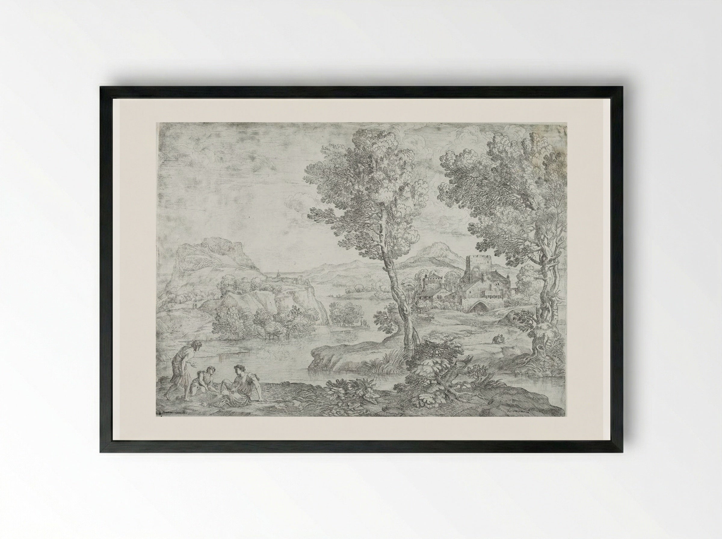 Landscape with Man Standing near Two Seated Men - Giovanni Francesco Grimaldi - Framed Print Black