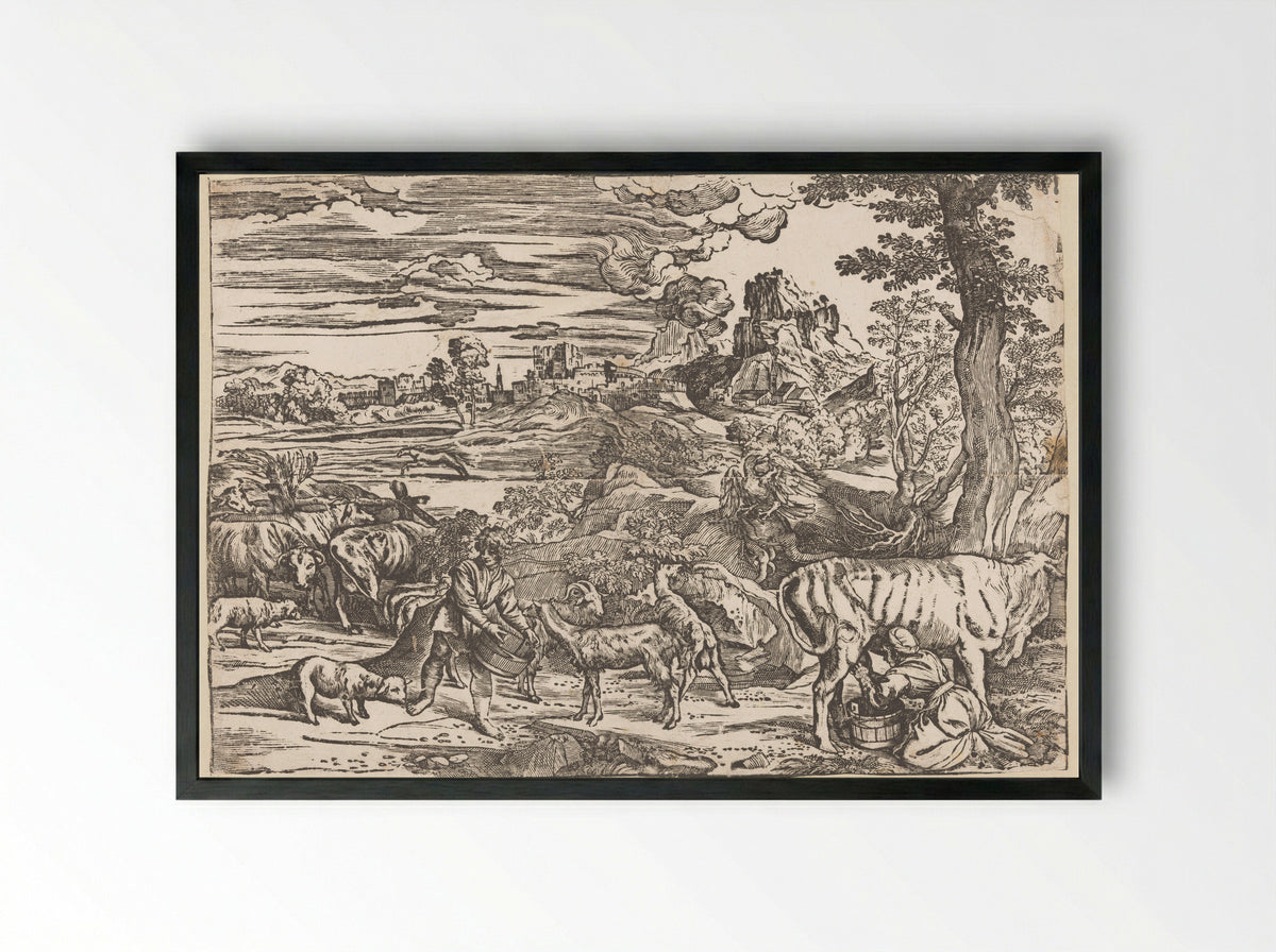Landscape with Milkmaid - Titian - Framed Print Black