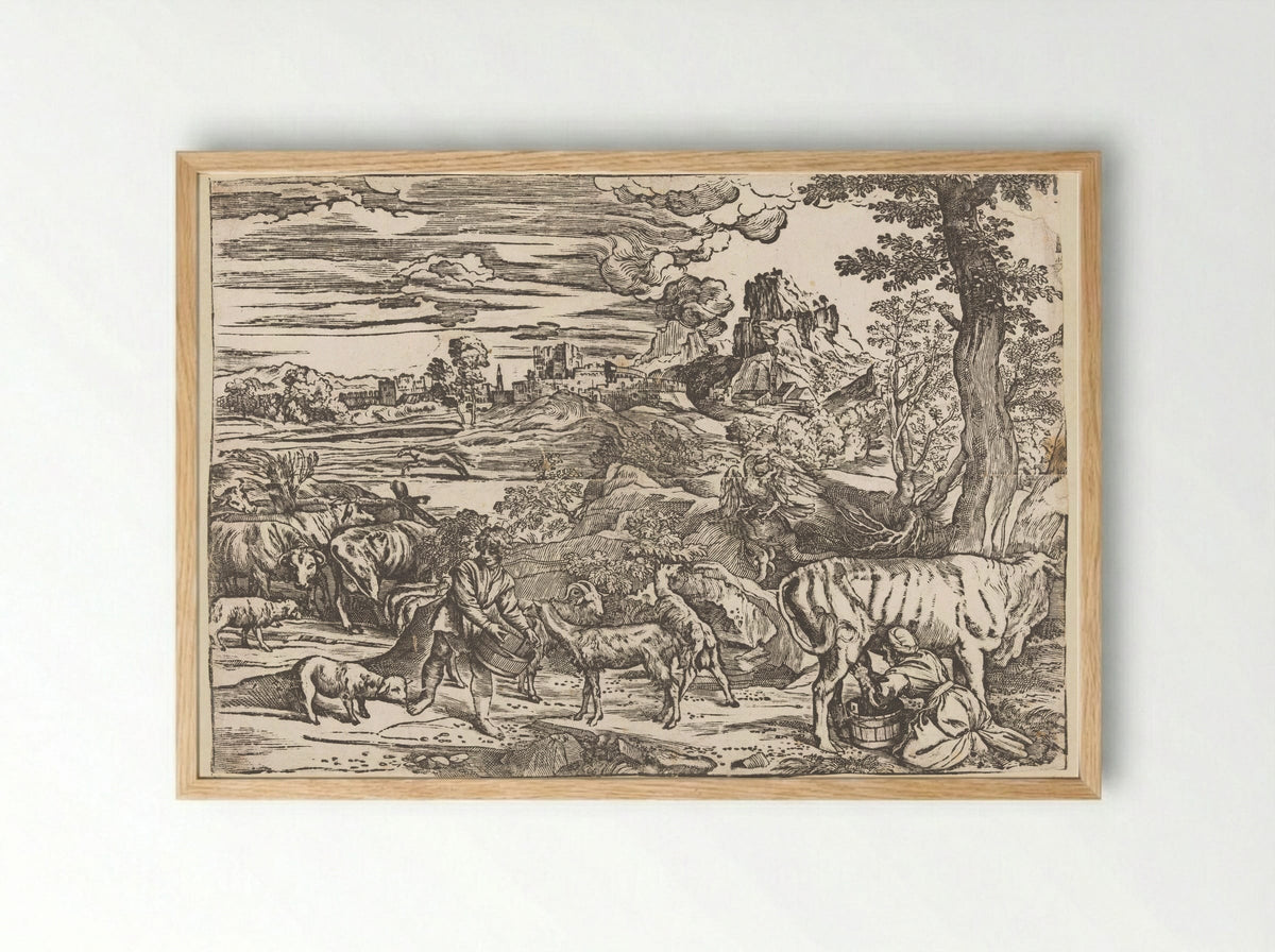 Landscape with Milkmaid - Titian - Framed Print Wood