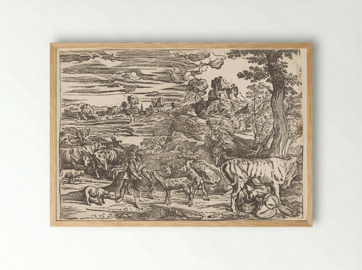 Landscape with Milkmaid - Titian - Framed Print Wood