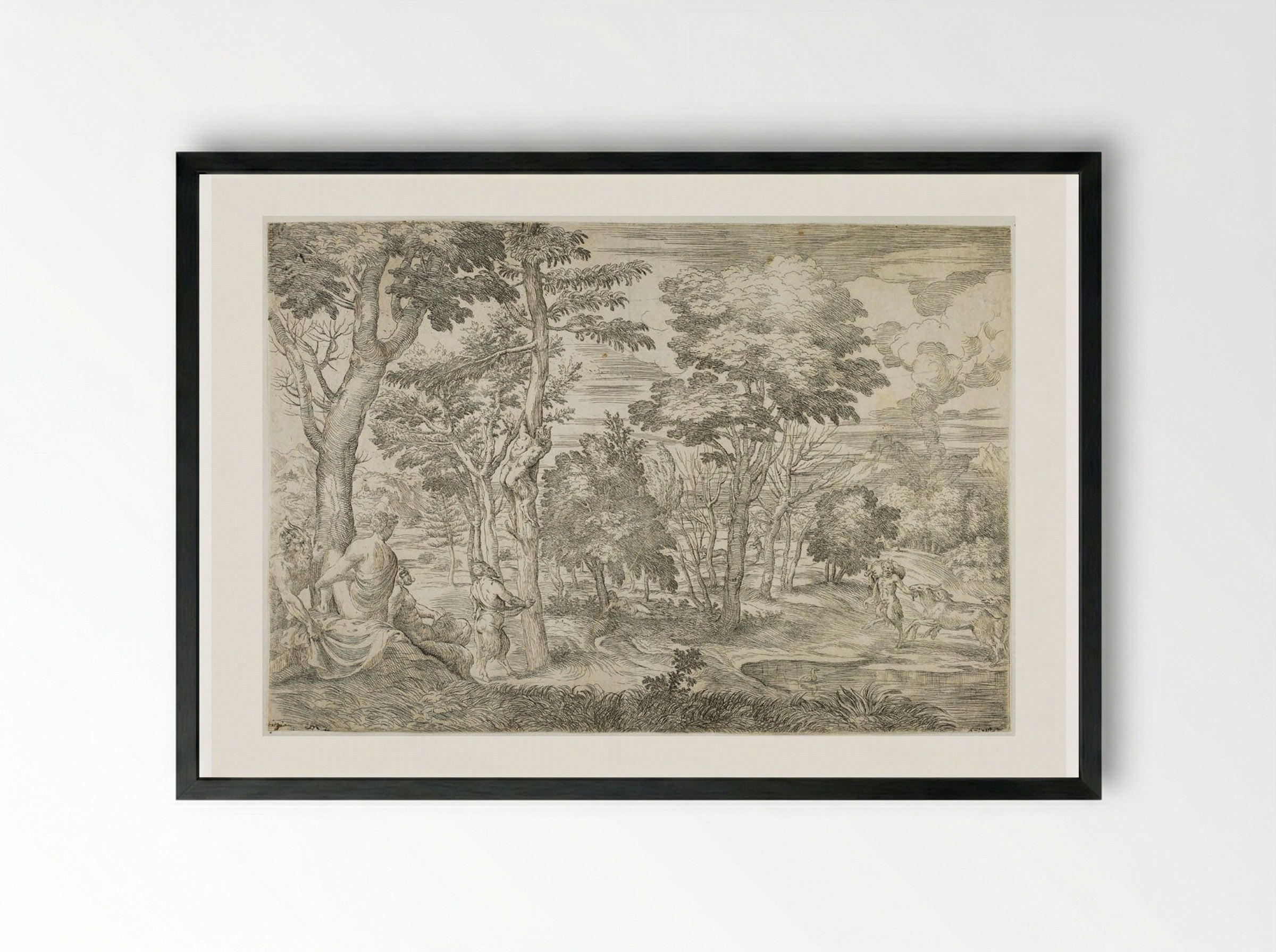 Landscape with Nymphs and Satyrs - Giovanni Francesco Grimaldi - Framed Print Black