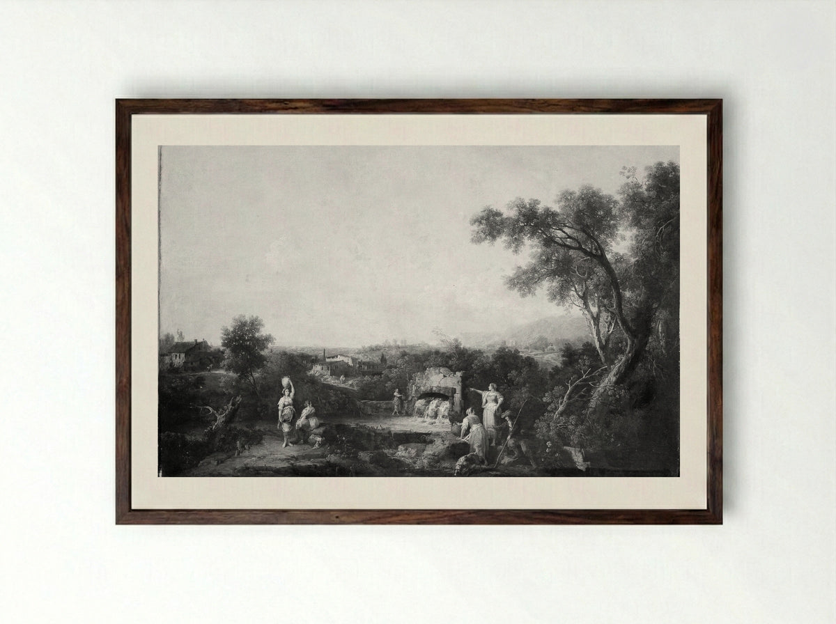 Landscape with Peasants at a Fountain - Francesco Zuccarelli - Framed Print Dark Wood