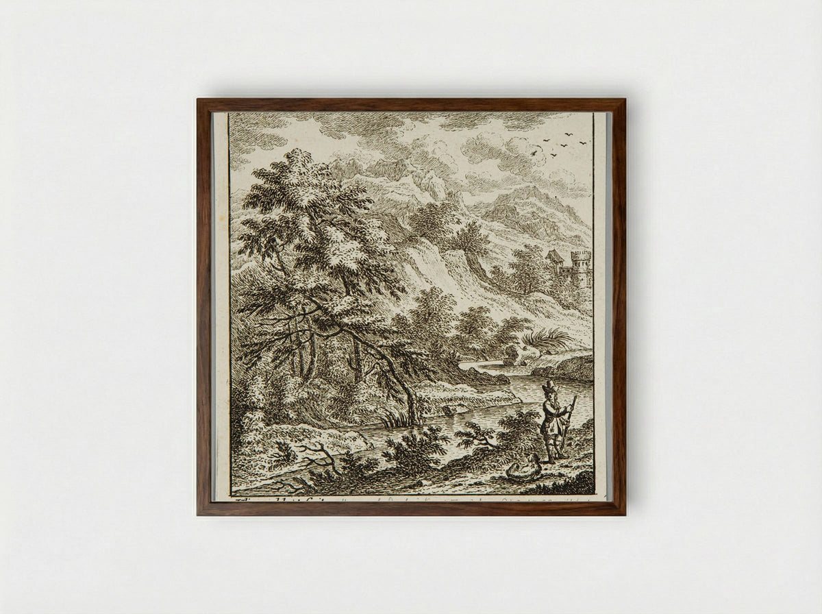 Landscape with River and Castle - Johann Caspar Ulinger - Framed Print Dark Wood