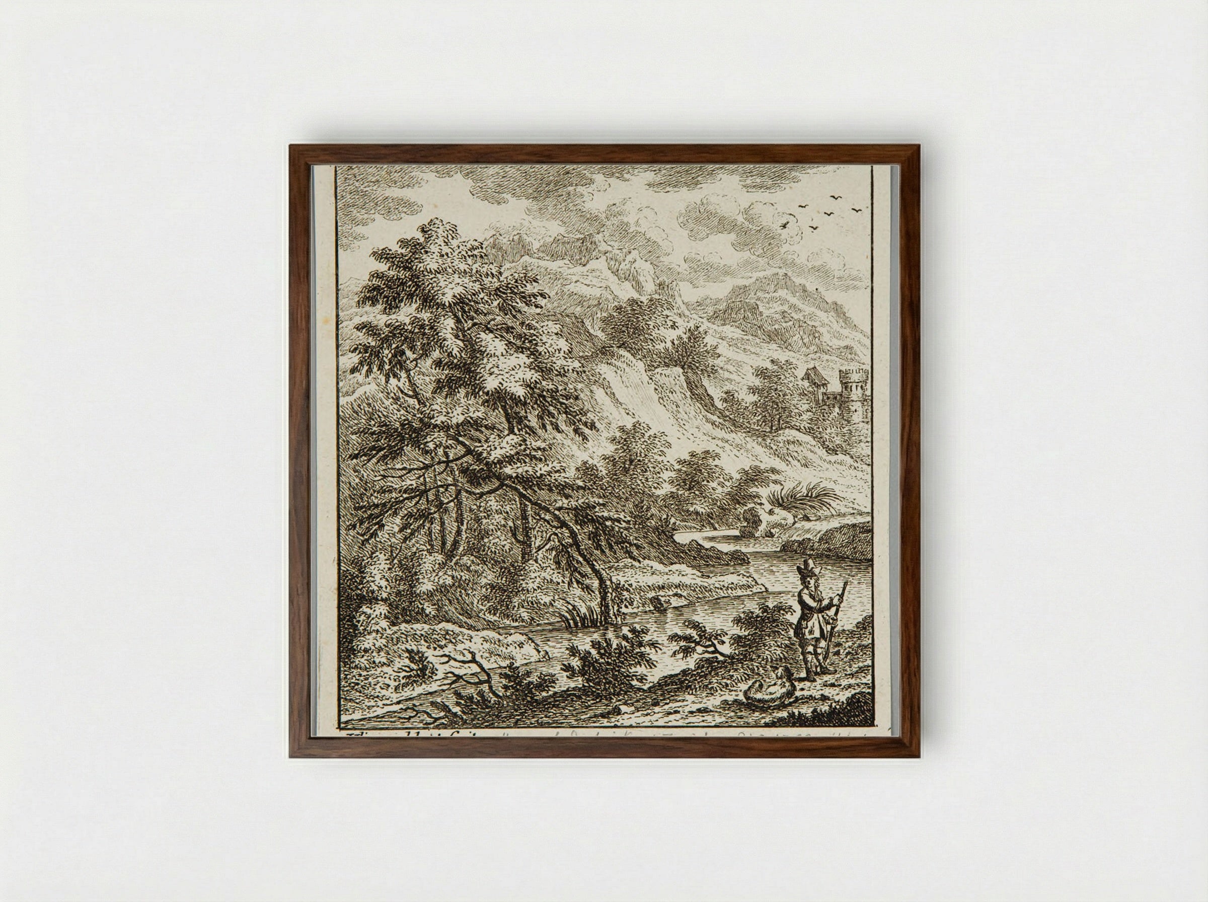Landscape with River and Castle - Johann Caspar Ulinger - Framed Print Dark Wood