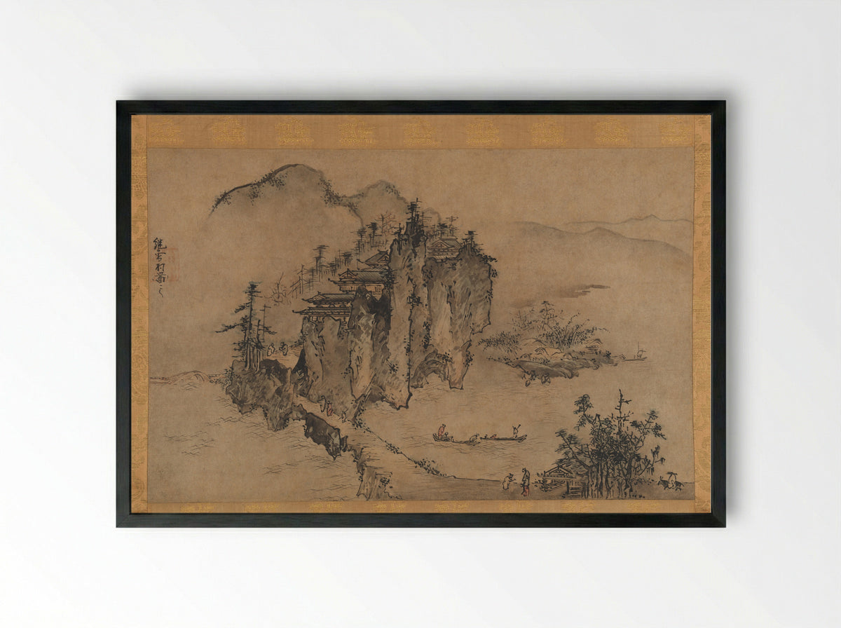 Landscape with Rocky Precipice - Sesson Shūkei - Framed Print Black