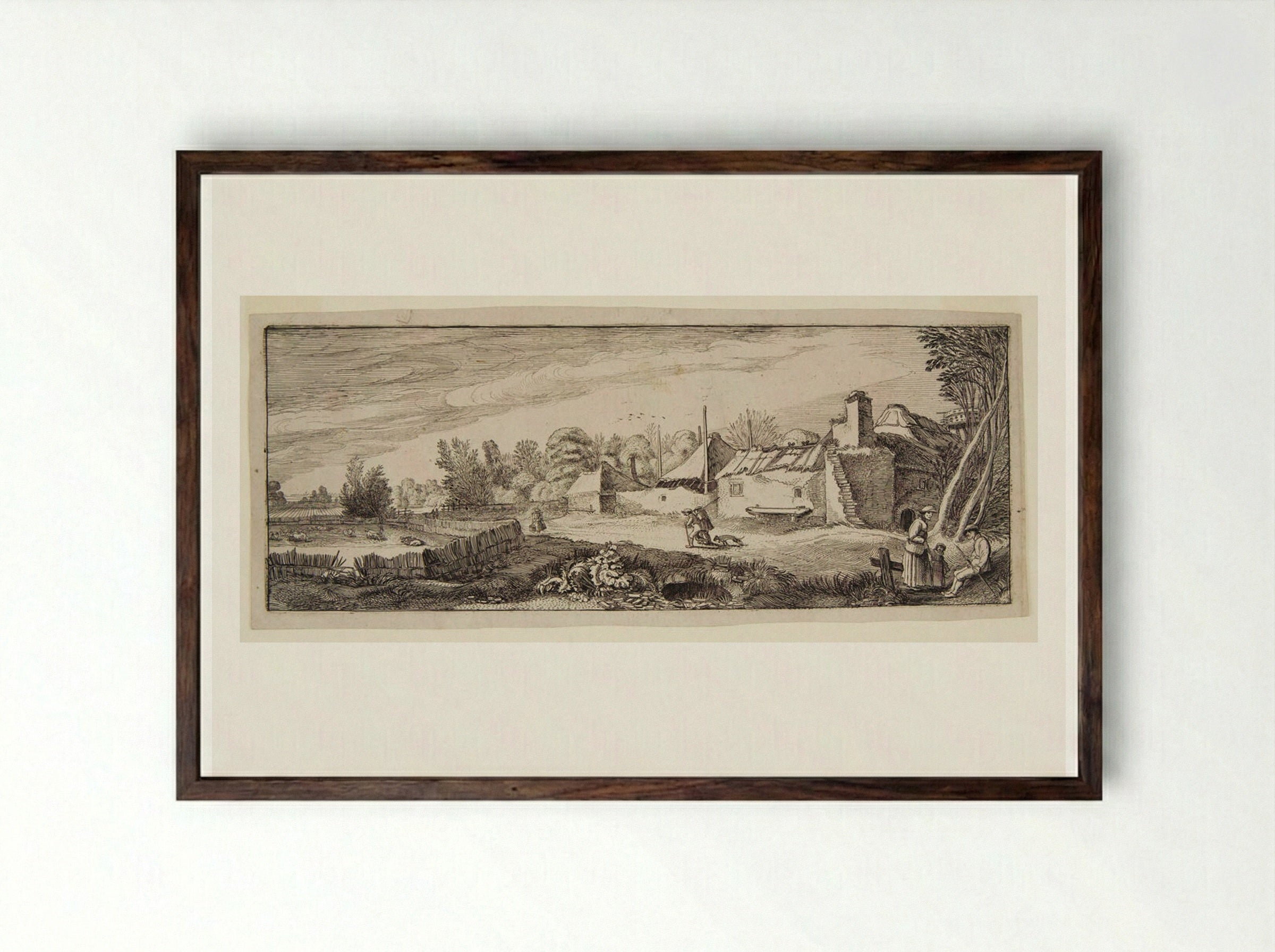 Landscape with Ruins of a Tower and a Bridge - Jan van de Velde II - Framed Print Dark Wood