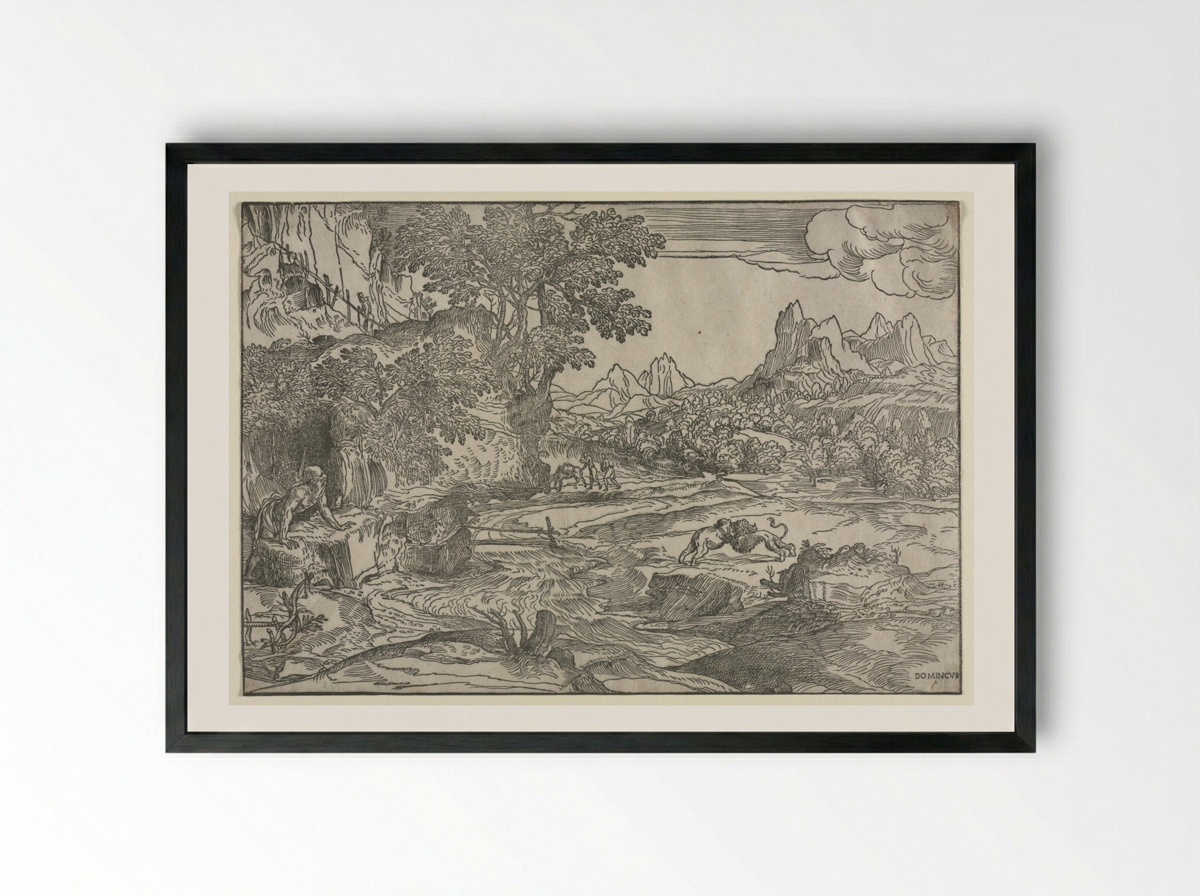 Landscape with Saint Jerome and Two Lions - Domenico Campagnola - Framed Print Black