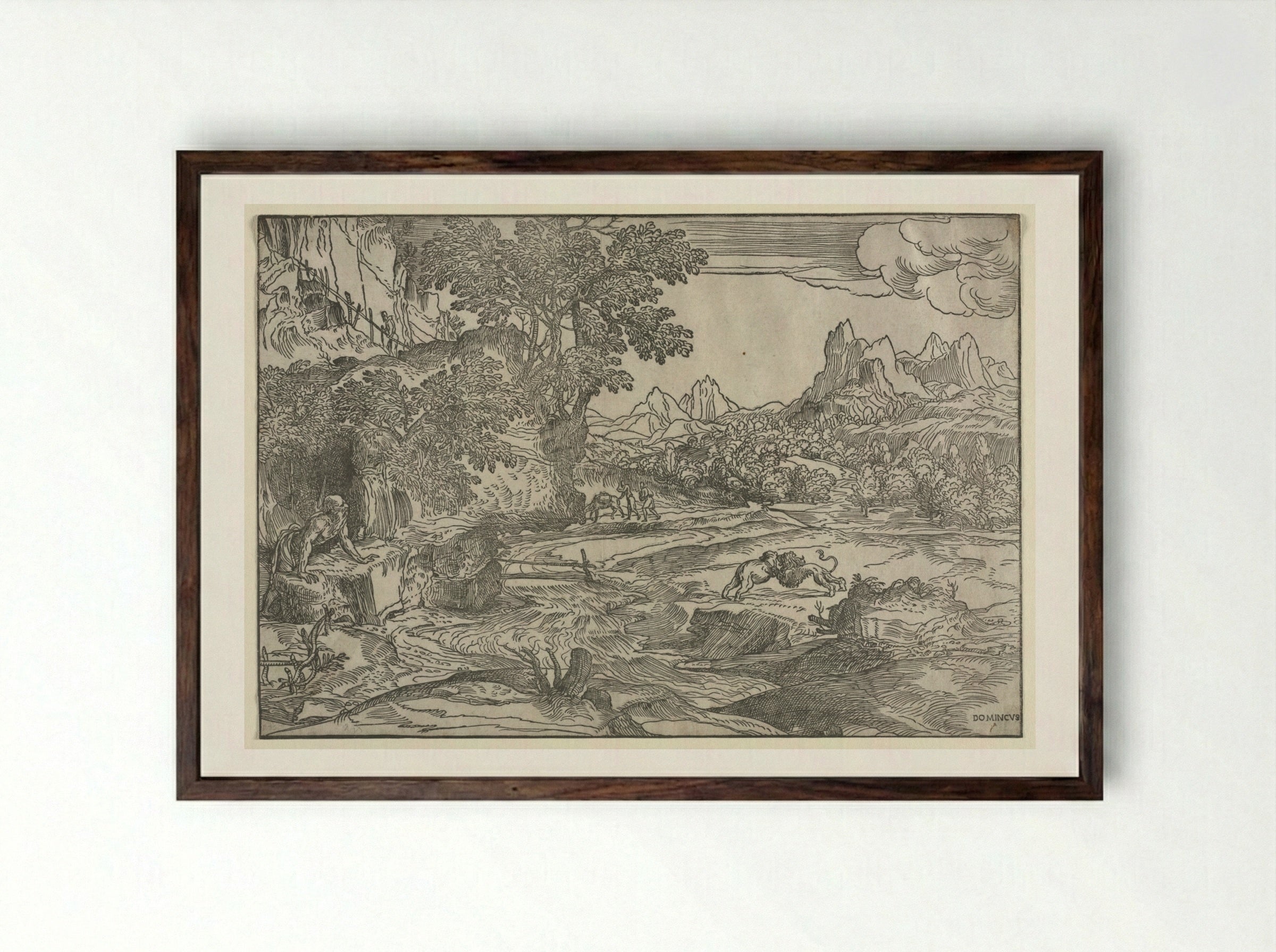 Landscape with Saint Jerome and Two Lions - Domenico Campagnola - Framed Print Dark Wood