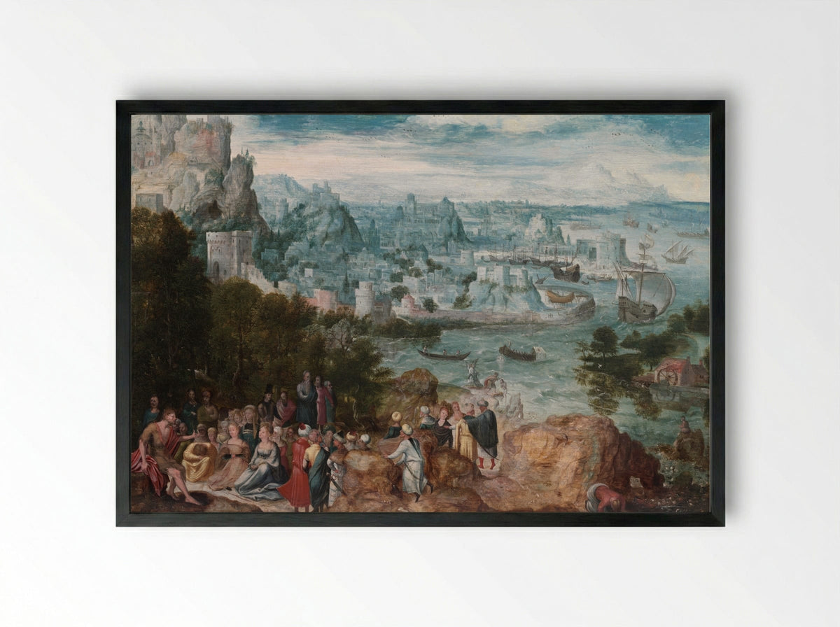 Landscape with Saint John the Baptist - Herri met de Bles - Framed Print Black
