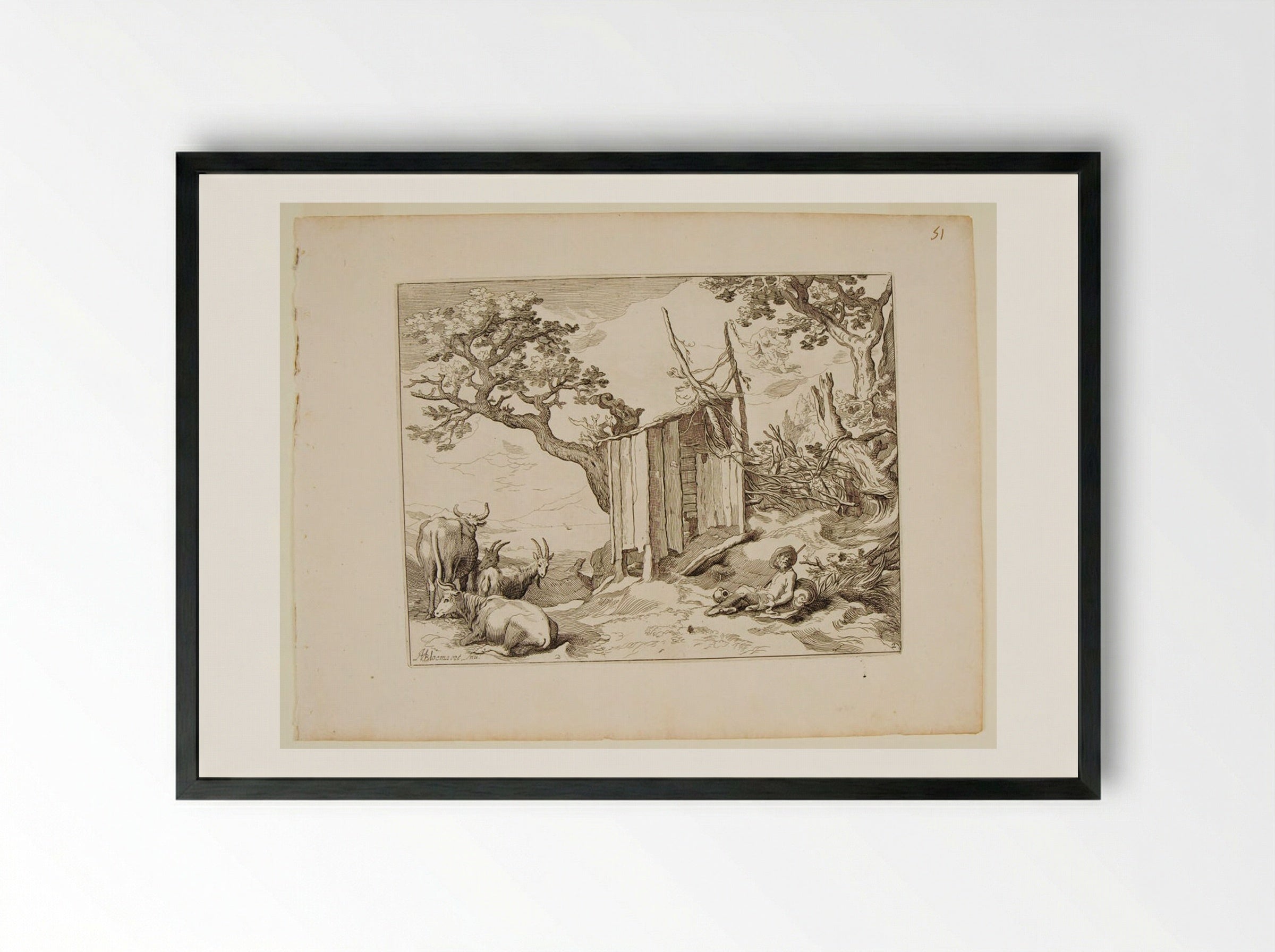 Landscape with Shepherd Tending Cows and Goats - Boetius Adamsz. Bolswert - Framed Print Black
