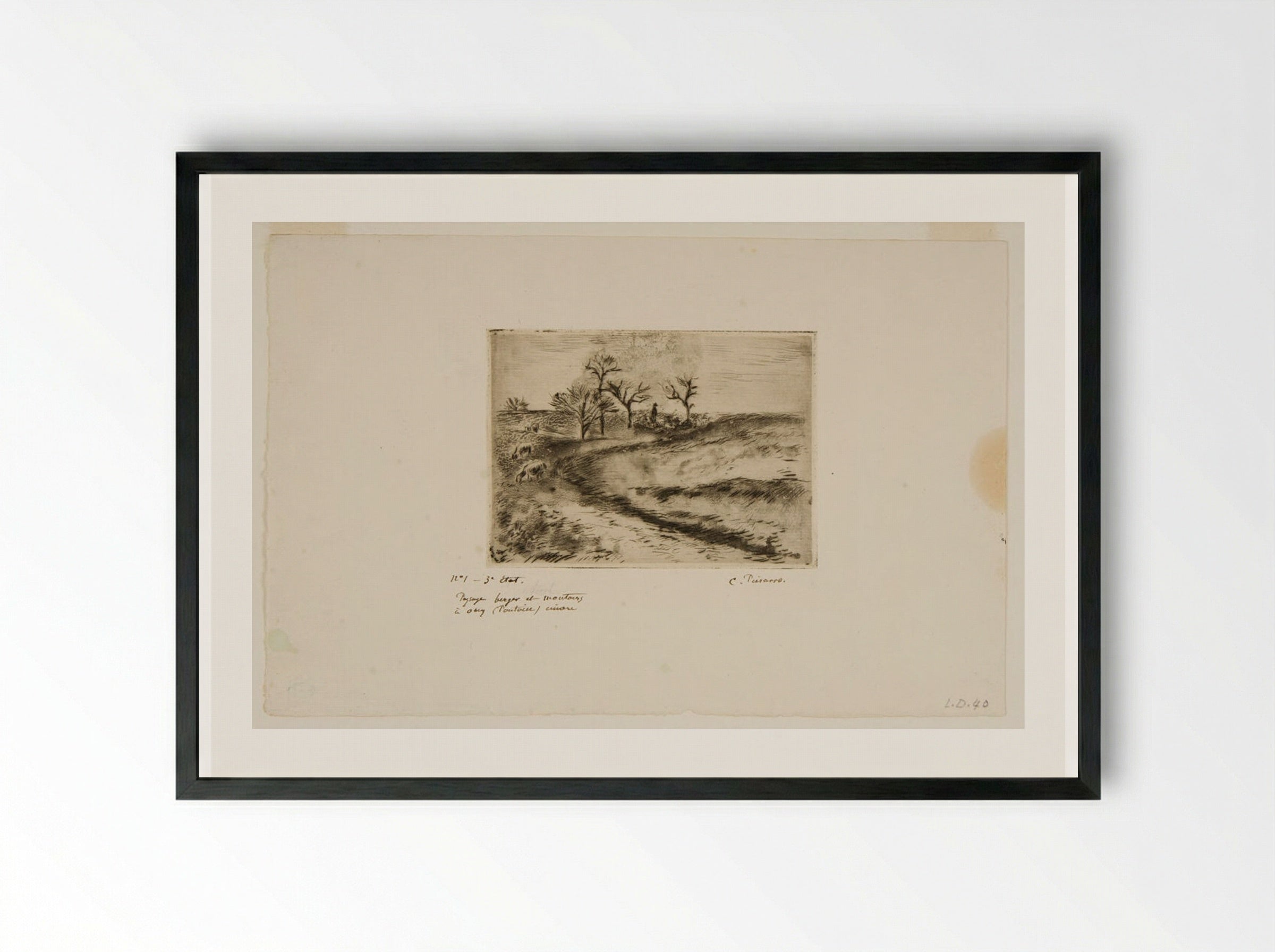 Landscape with Shepherds and Sheep, Osny - Camille Pissarro - Framed Print Black