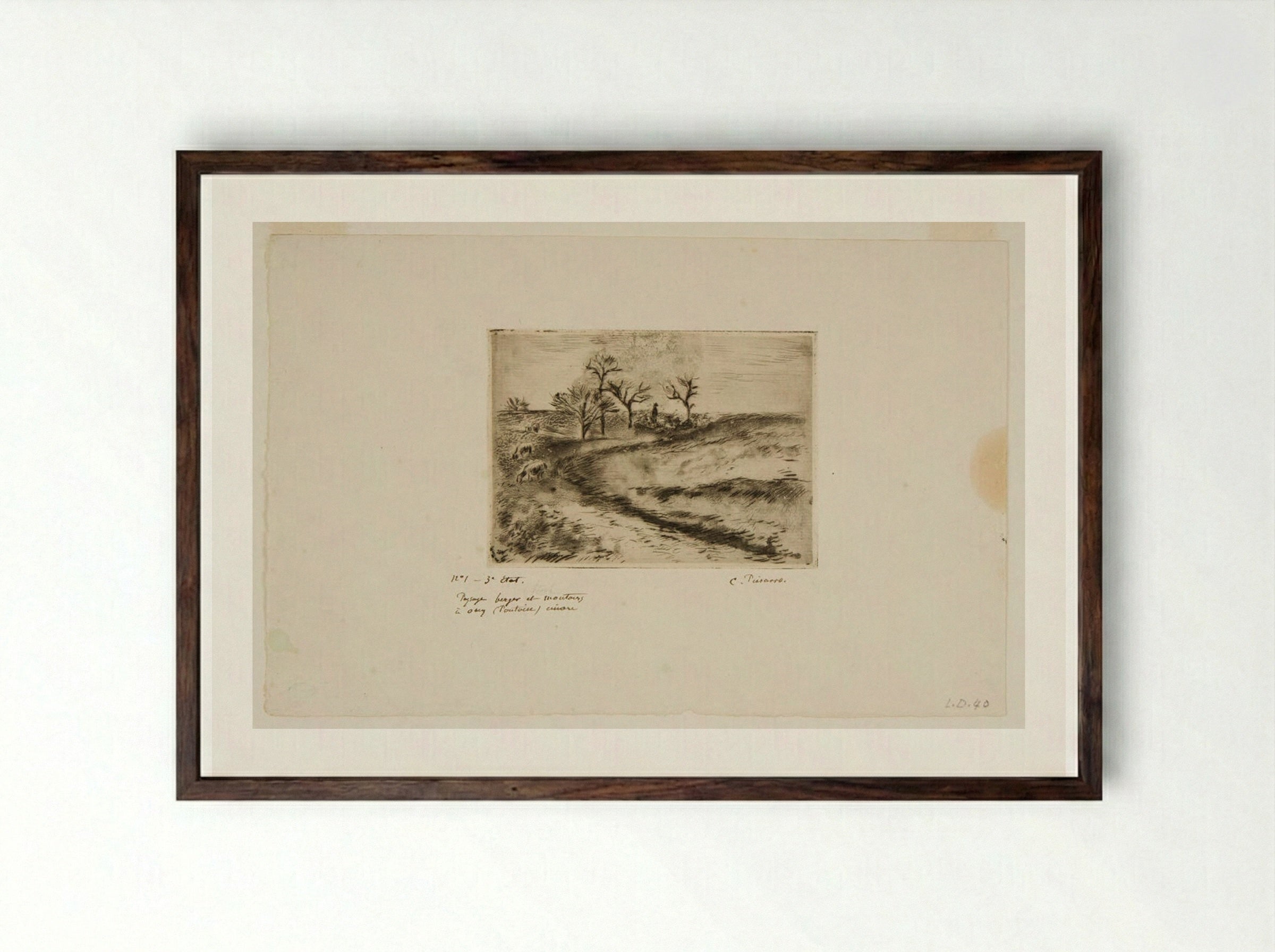 Landscape with Shepherds and Sheep, Osny - Camille Pissarro - Framed Print Dark Wood