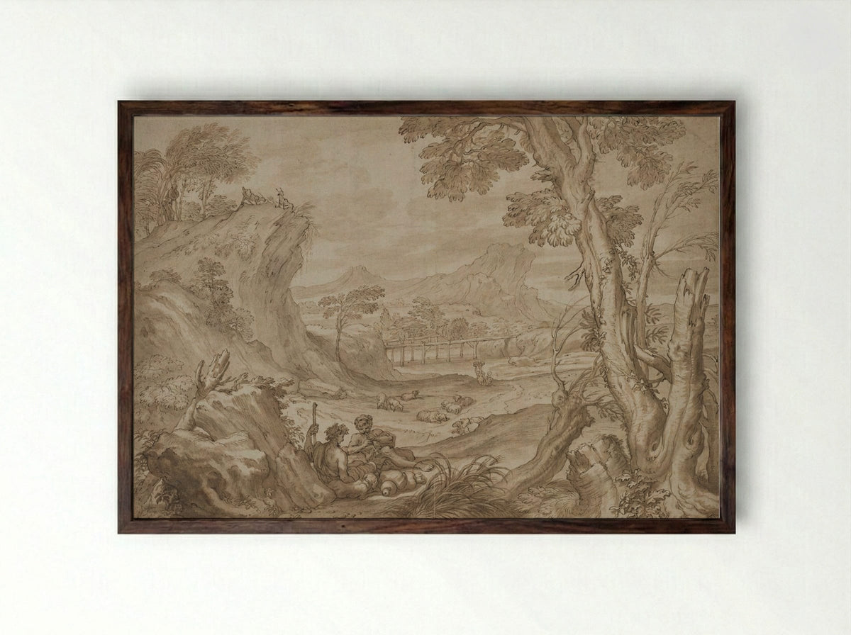 Landscape with Shepherds - Domenico Piola - Framed Print Dark Wood