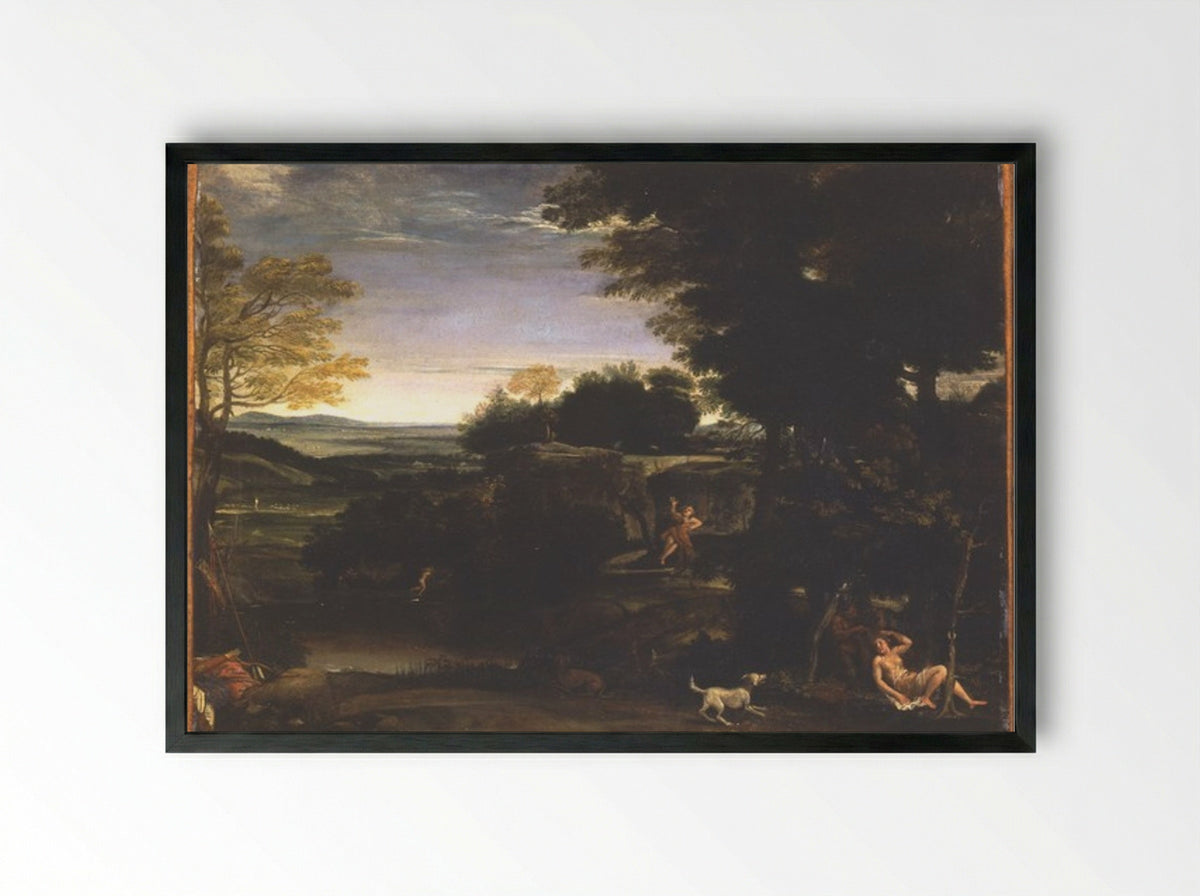 Landscape with Silvia and the Satyr - Domenichino - Framed Print Black