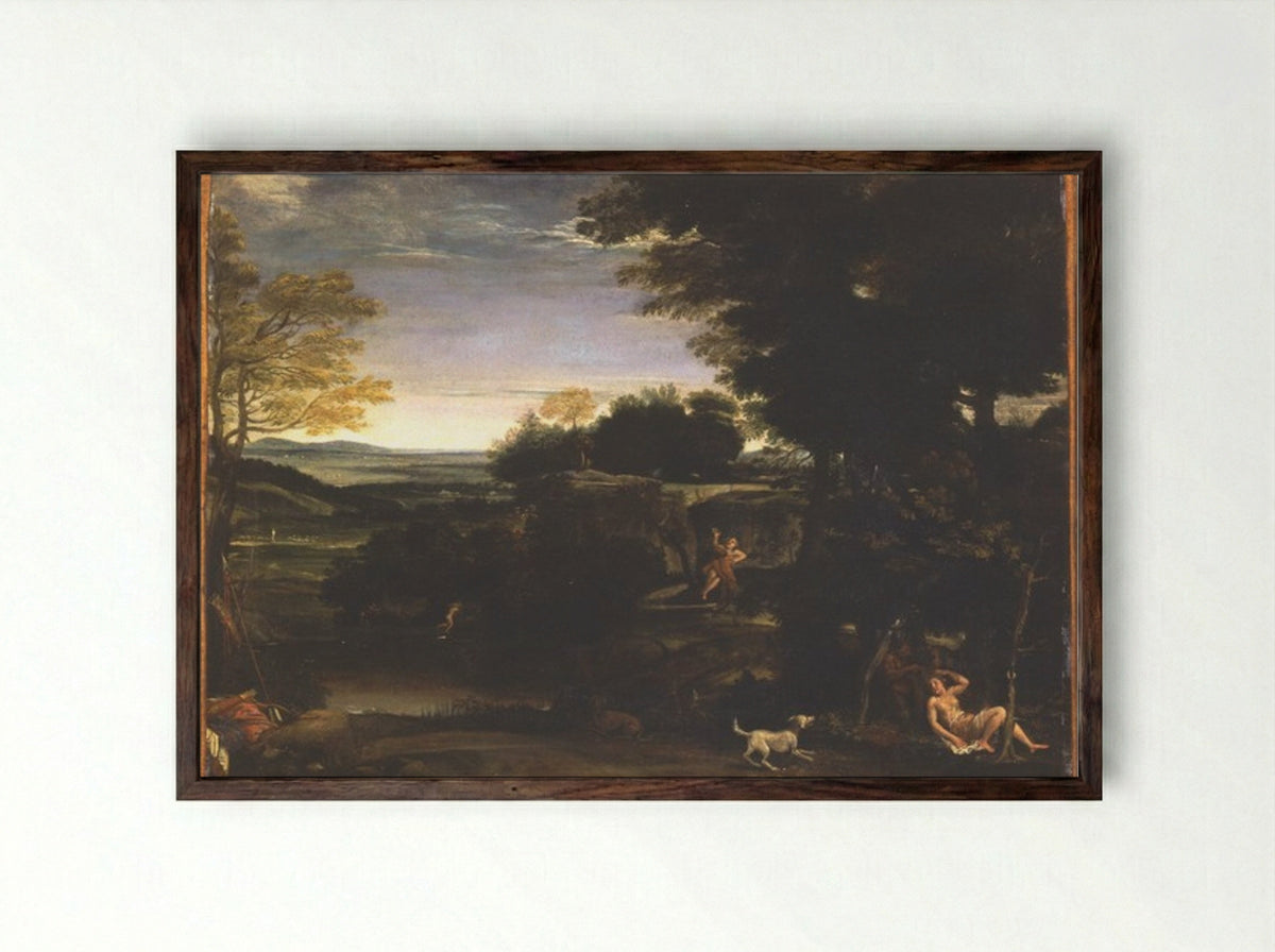 Landscape with Silvia and the Satyr - Domenichino - Framed Print Dark Wood