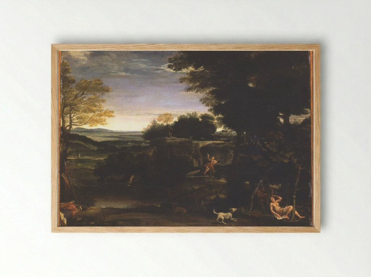 Landscape with Silvia and the Satyr - Domenichino - Framed Print Wood