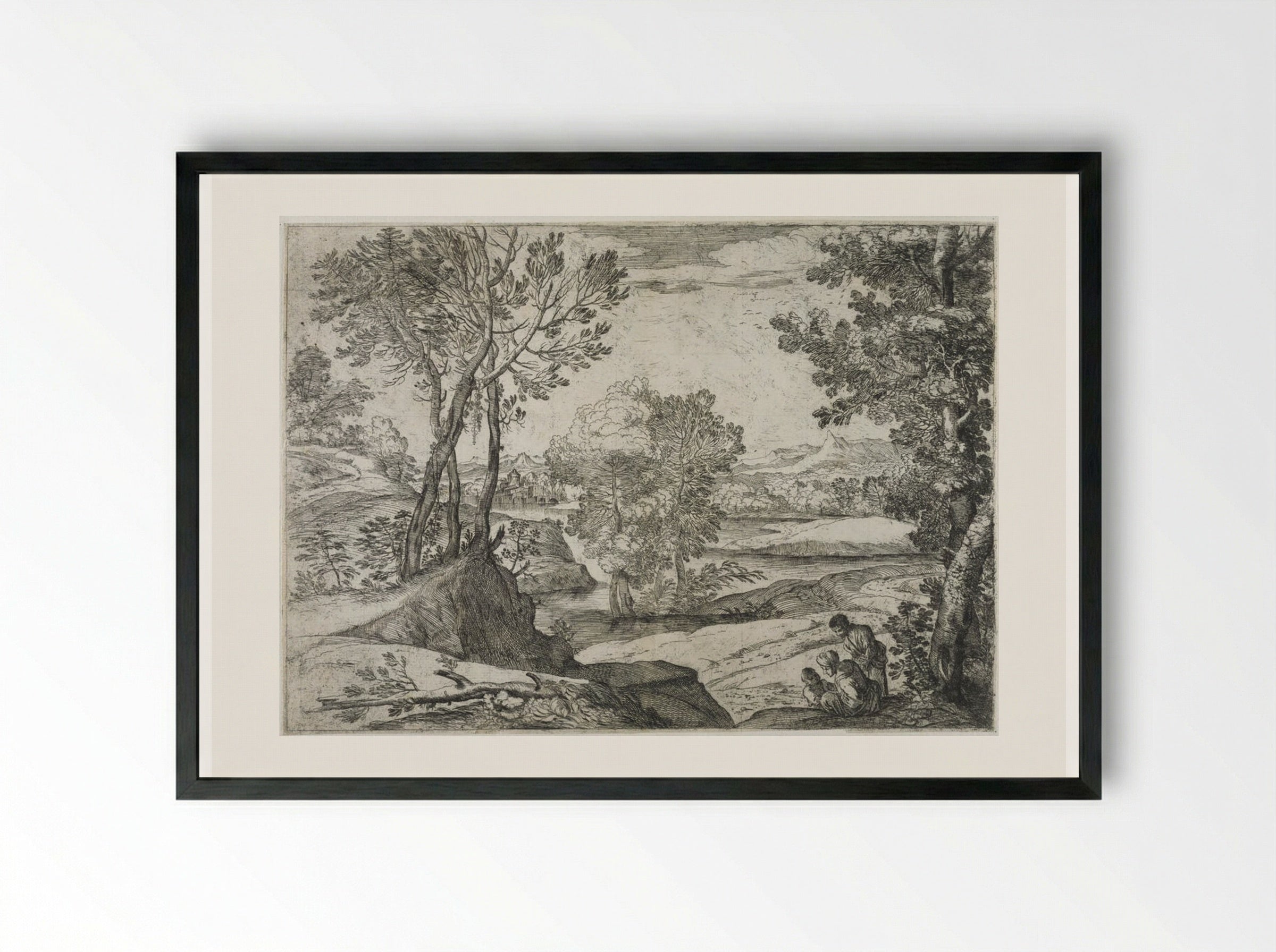 Landscape with Standing Man, Seated Woman, and Child - Giovanni Francesco Grimaldi - Framed Print Black