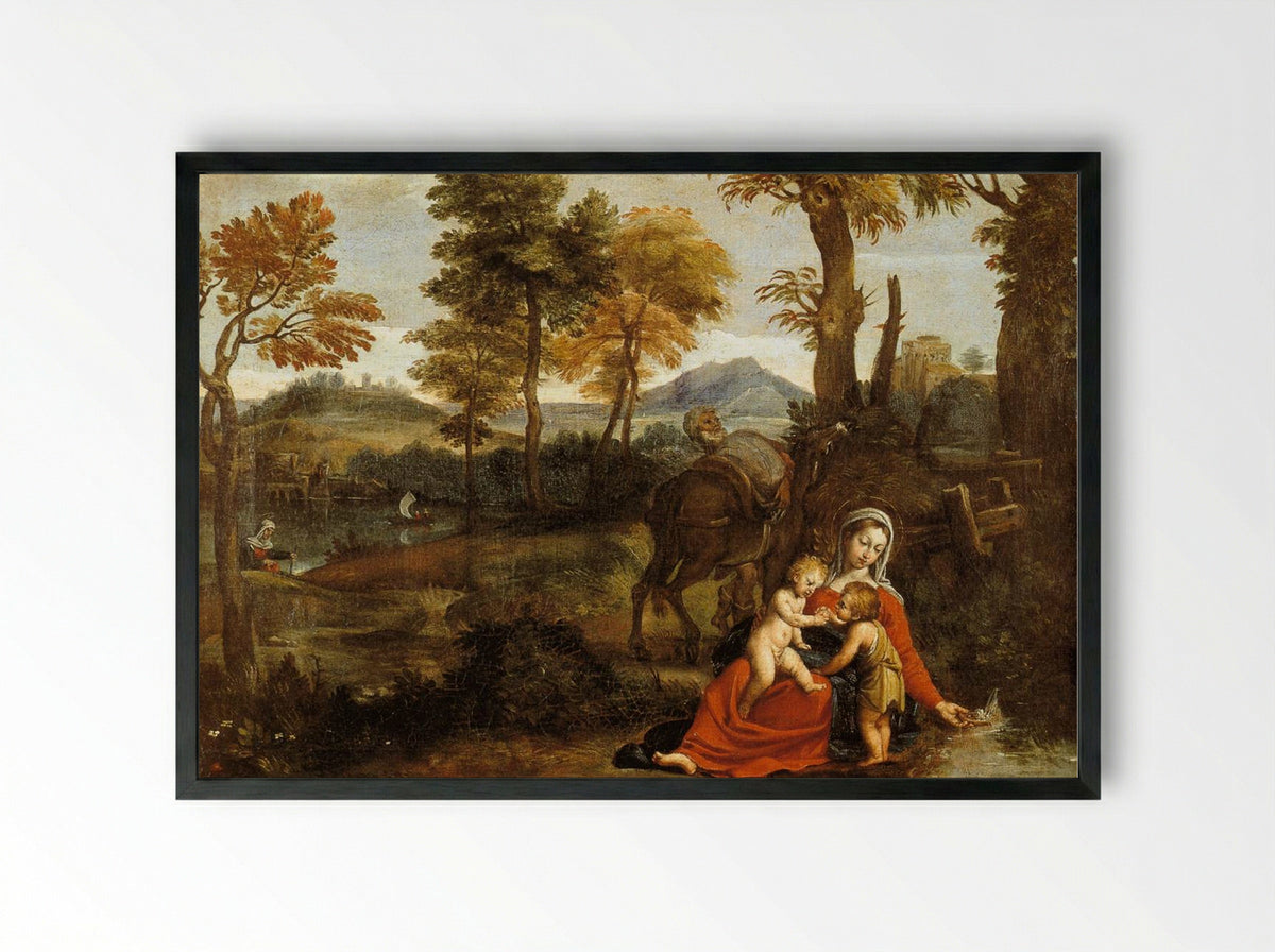 Landscape with The Flight into Egypt - Domenichino - Framed Print Black
