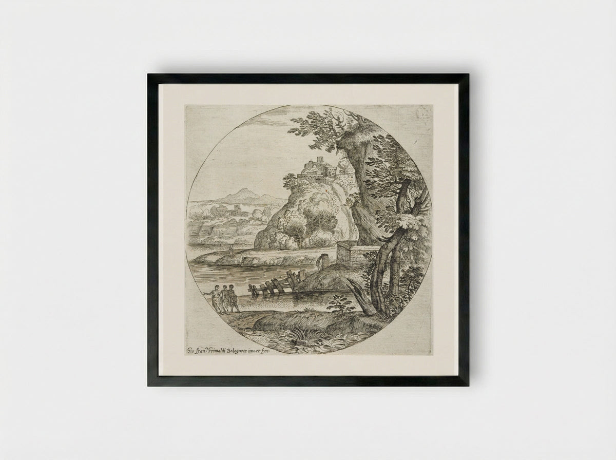 Landscape with Three Men Conversing - Giovanni Francesco Grimaldi - Framed Print Black