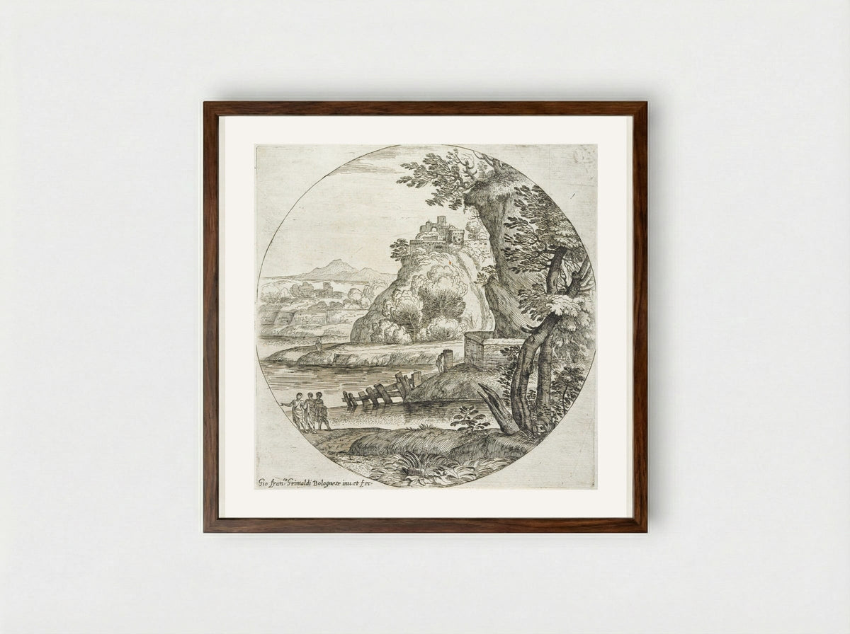 Landscape with Three Men Conversing - Giovanni Francesco Grimaldi - Framed Print Dark Wood