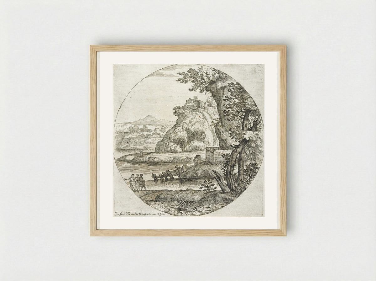 Landscape with Three Men Conversing - Giovanni Francesco Grimaldi - Framed Print Wood