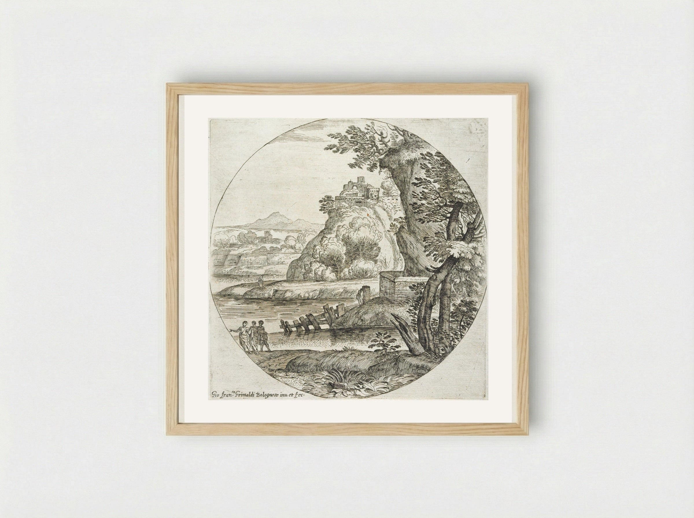 Landscape with Three Men Conversing - Giovanni Francesco Grimaldi - Framed Print Wood