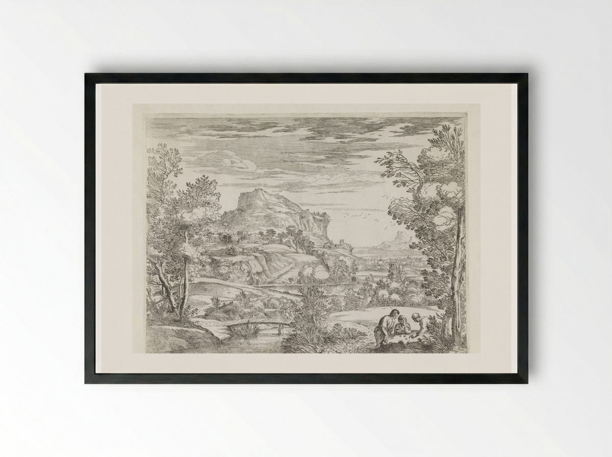 Landscape with Three Men Gambling - Giovanni Francesco Grimaldi - Framed Print Black