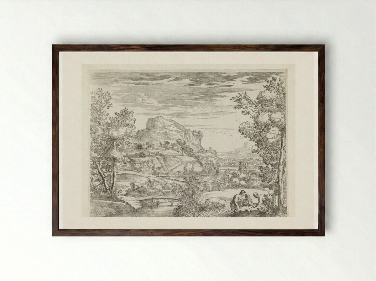 Landscape with Three Men Gambling - Giovanni Francesco Grimaldi - Framed Print Dark Wood