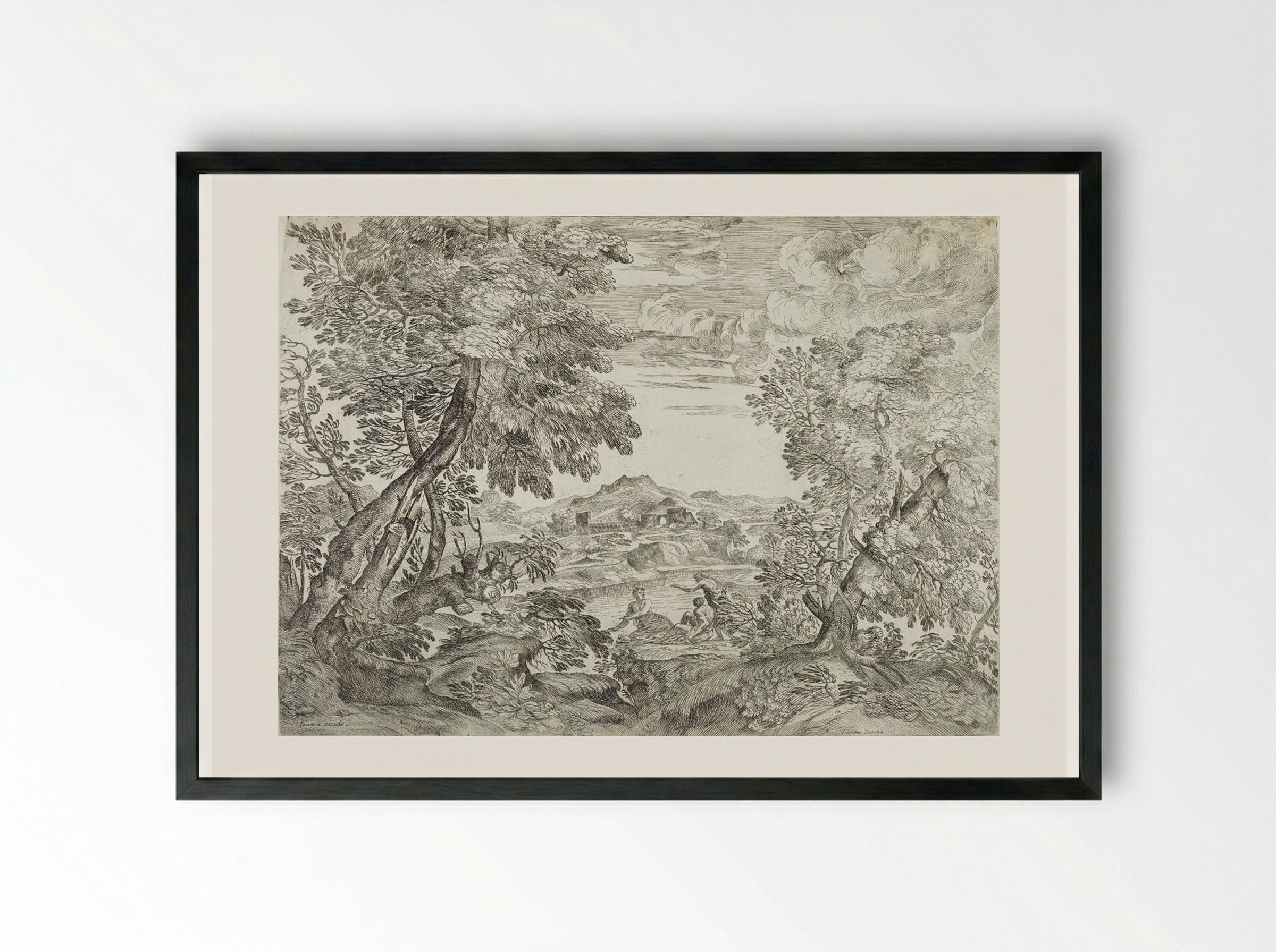 Landscape with Three Men - Giovanni Francesco Grimaldi - Framed Print Black