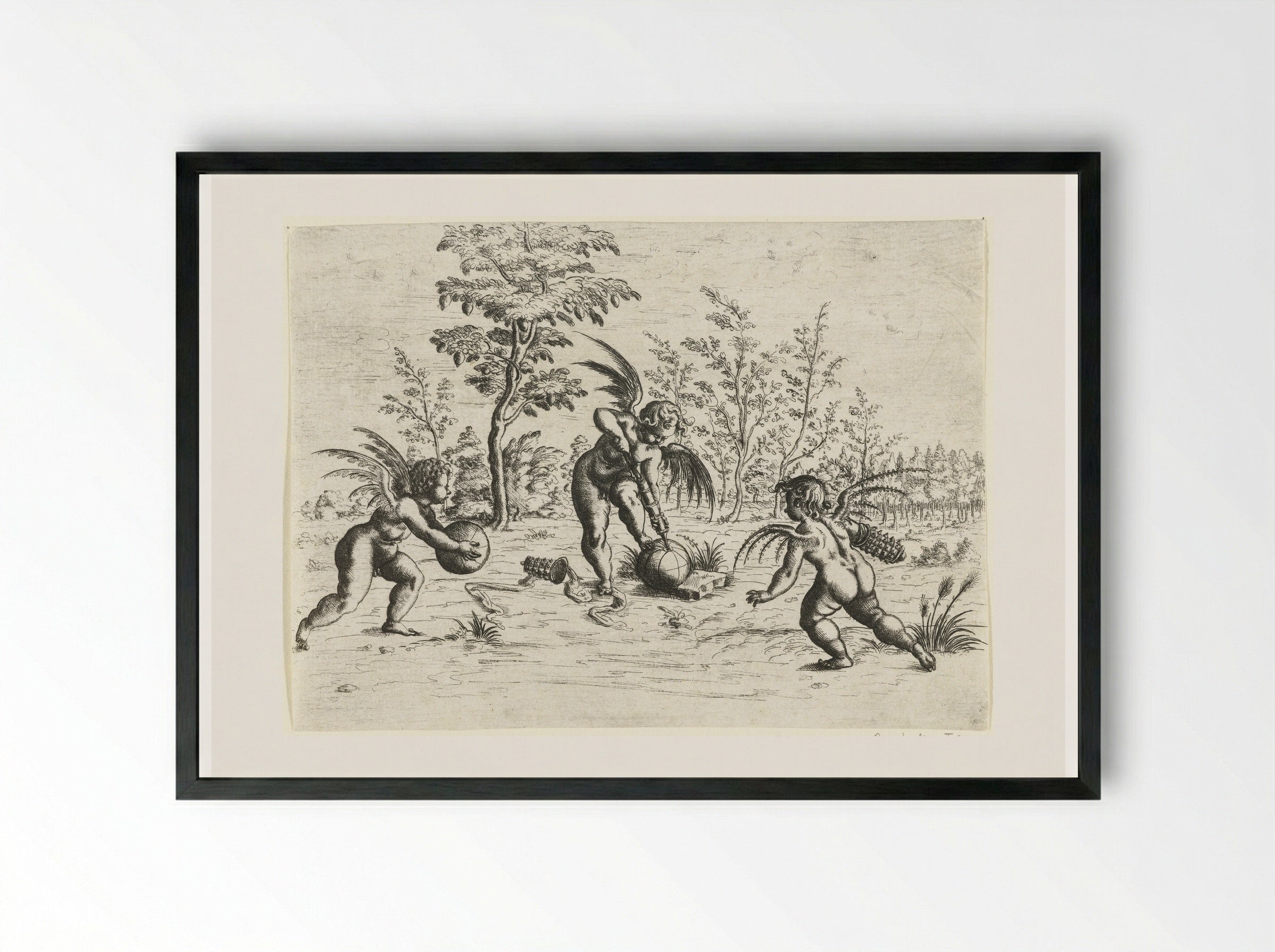 Landscape with Three Putti Playing Ball - Christoph Jamnitzer - Framed Print Black