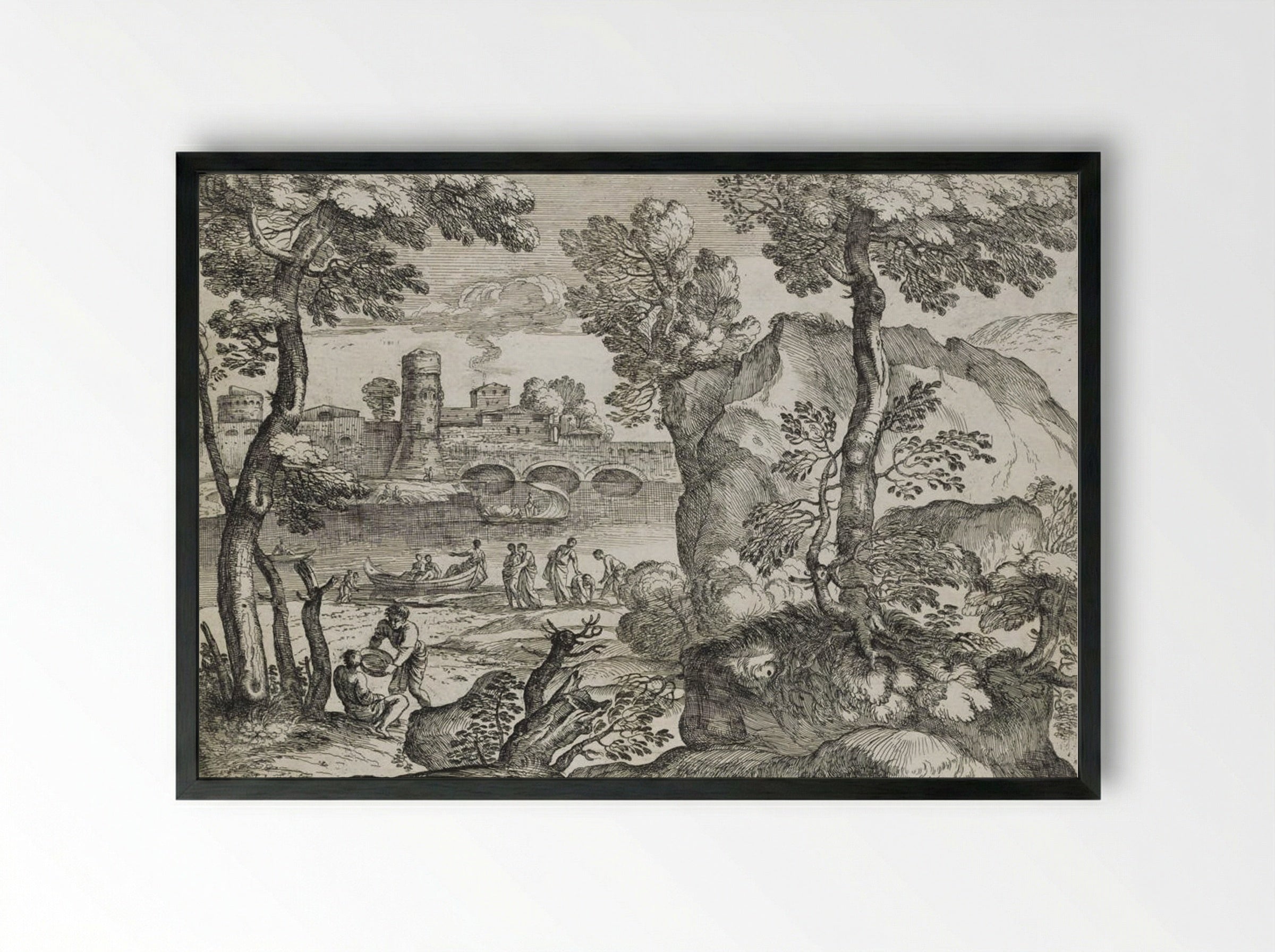 Landscape with Three Small Boats on a River - Giovanni Francesco Grimaldi - Framed Print Black