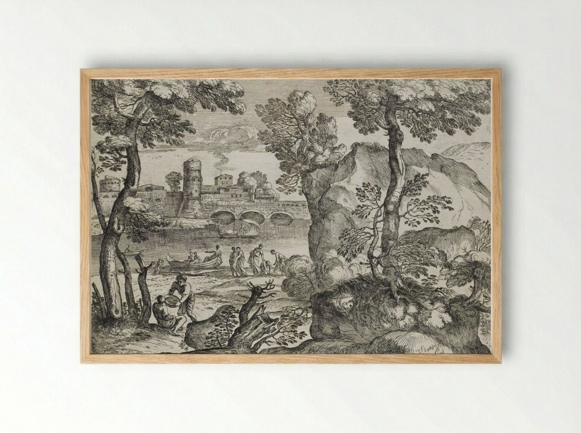 Landscape with Three Small Boats on a River - Giovanni Francesco Grimaldi - Framed Print Wood