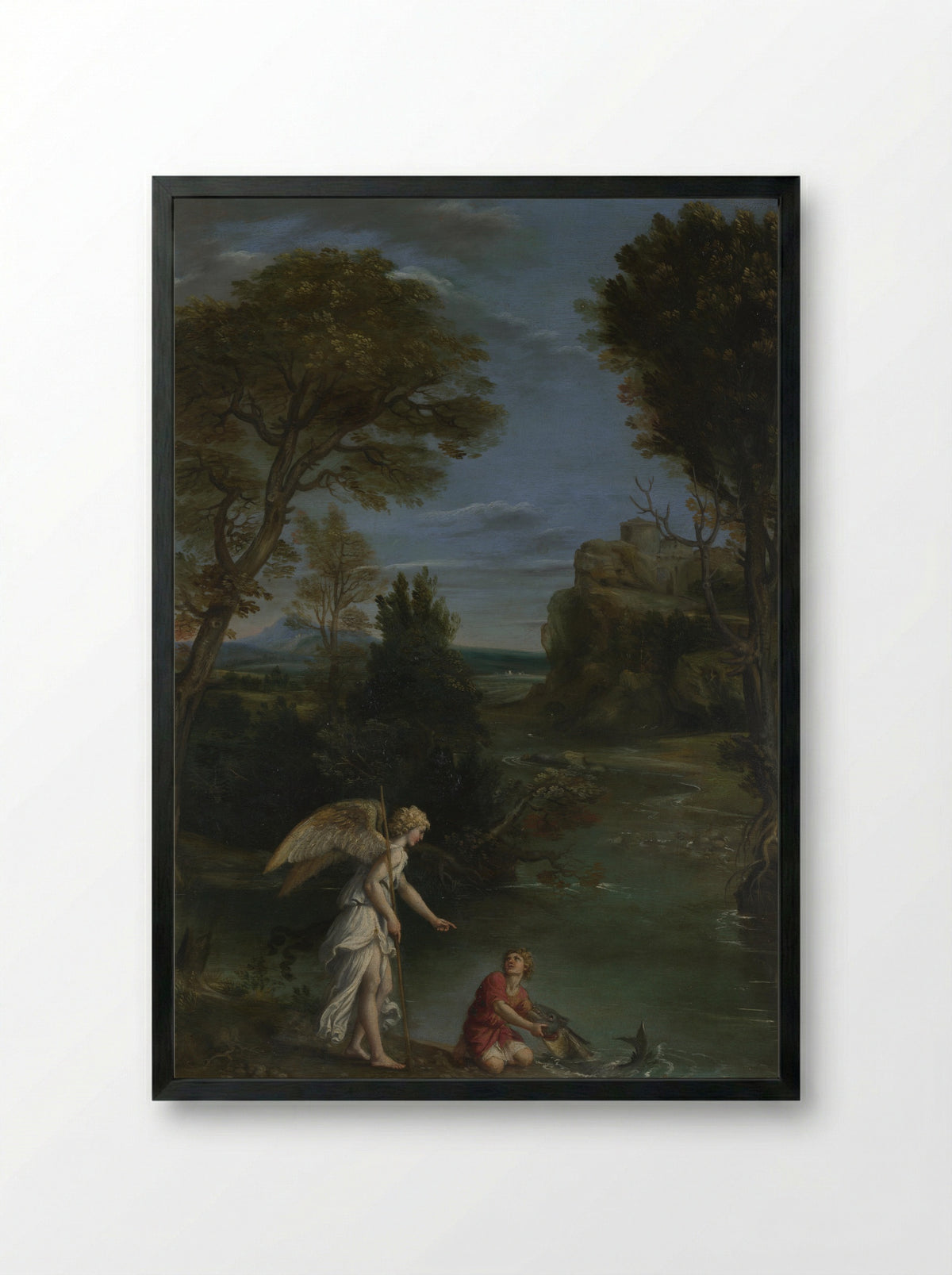 Landscape with Tobias laying hold of the Fish - Domenichino - Framed Print Black