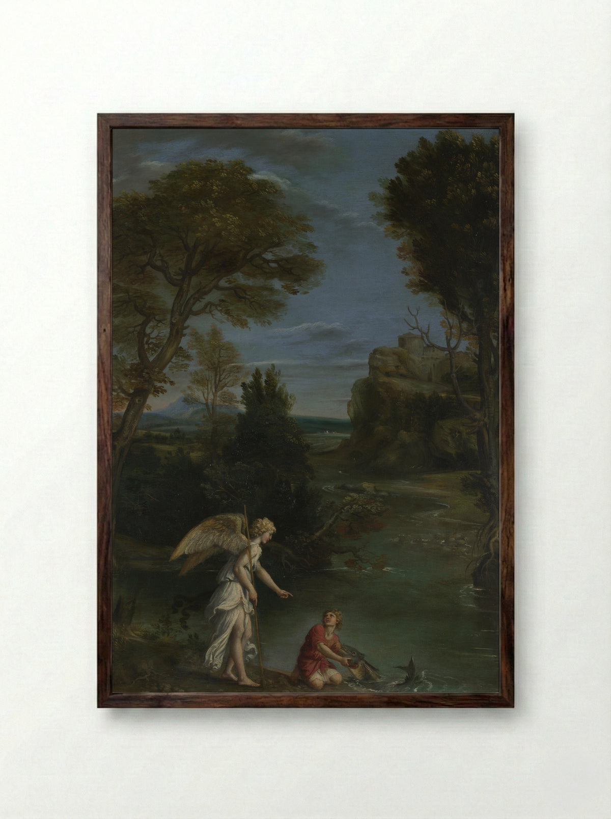 Landscape with Tobias laying hold of the Fish - Domenichino - Framed Print Dark Wood