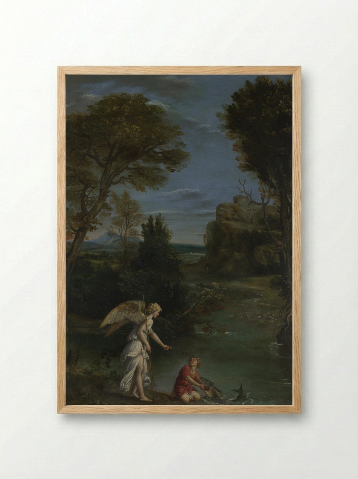 Landscape with Tobias laying hold of the Fish - Domenichino - Framed Print Wood