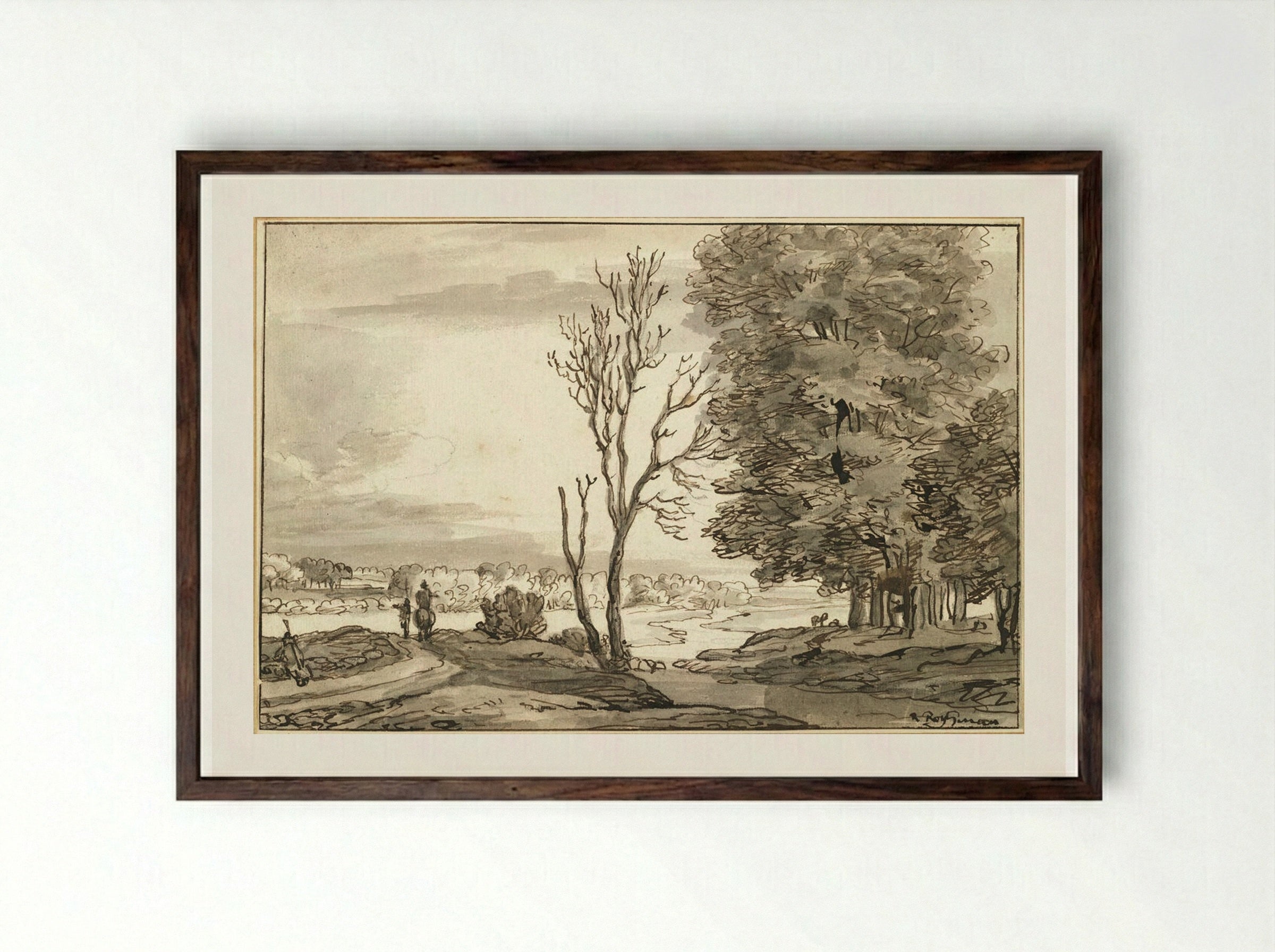 Landscape with Travelers - Roelant Roghman - Framed Print Dark Wood