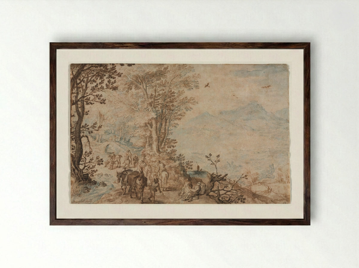 Landscape with Travelers - Jan Brueghel the Elder - Framed Print Dark Wood