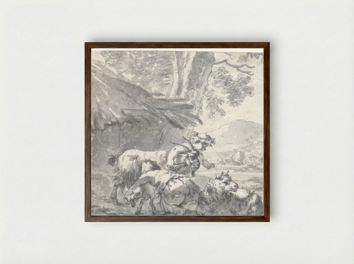 Landscape with Two Children Playing with a Goat, a Lamb and a Sheep - Simon van der Does - Framed Print Dark Wood