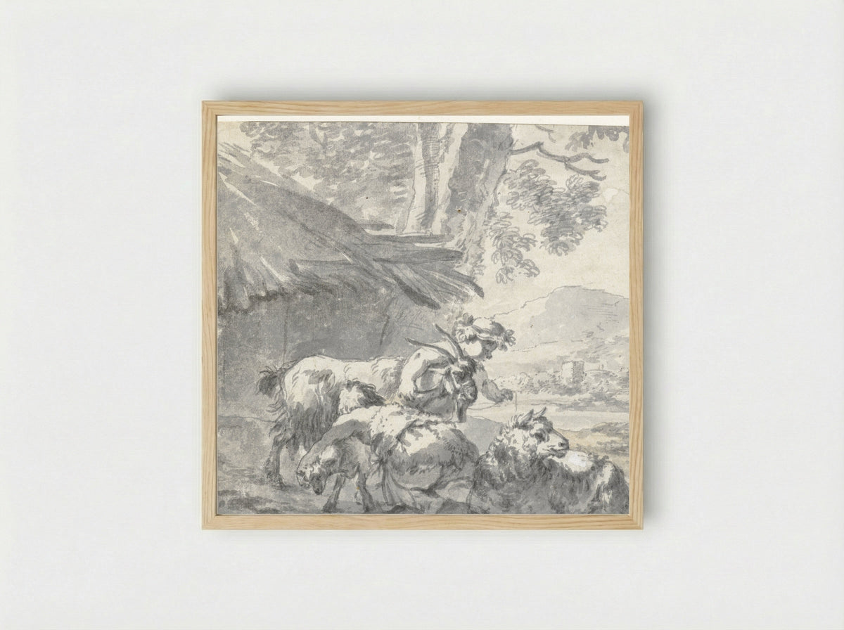 Landscape with Two Children Playing with a Goat, a Lamb and a Sheep - Simon van der Does - Framed Print Wood