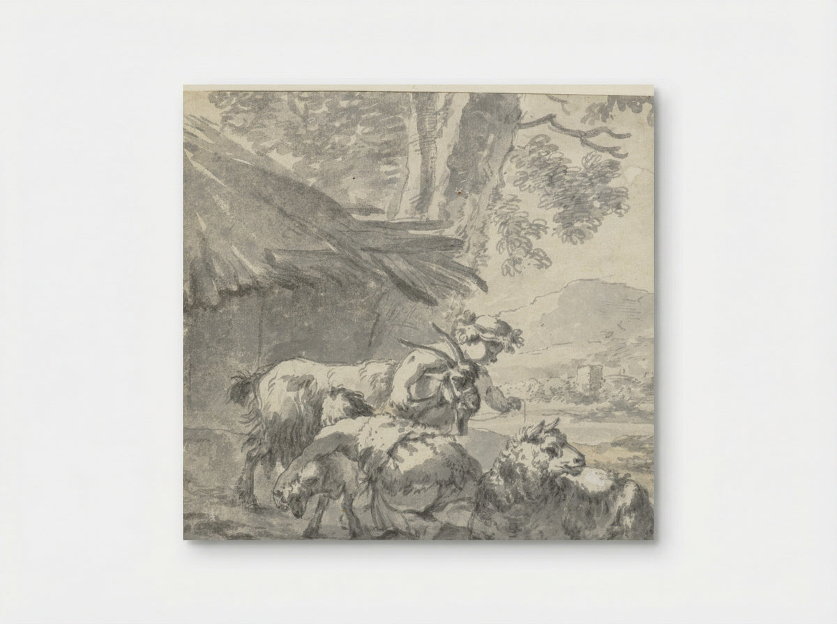 Landscape with Two Children Playing with a Goat, a Lamb and a Sheep - Simon van der Does - Poster