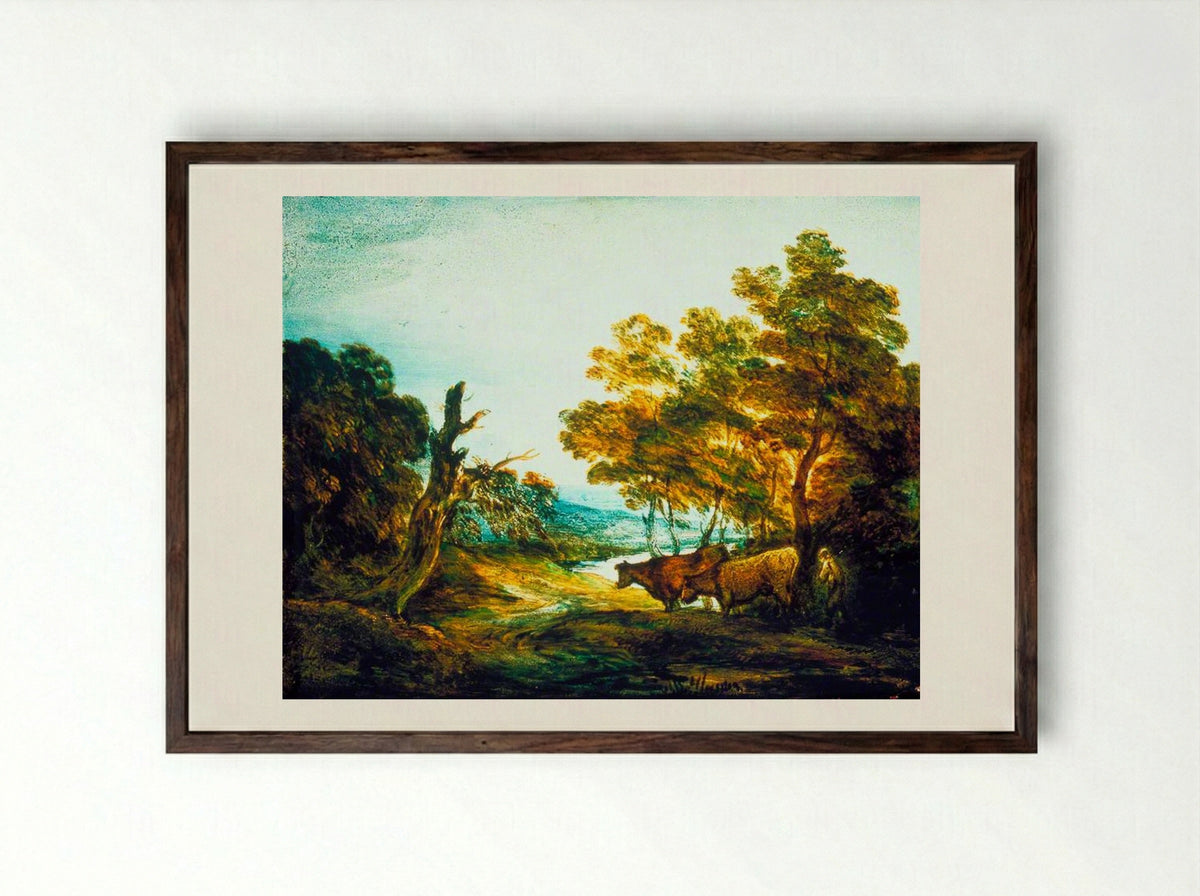 Landscape with Two Cows - Thomas Gainsborough - Framed Print Dark Wood
