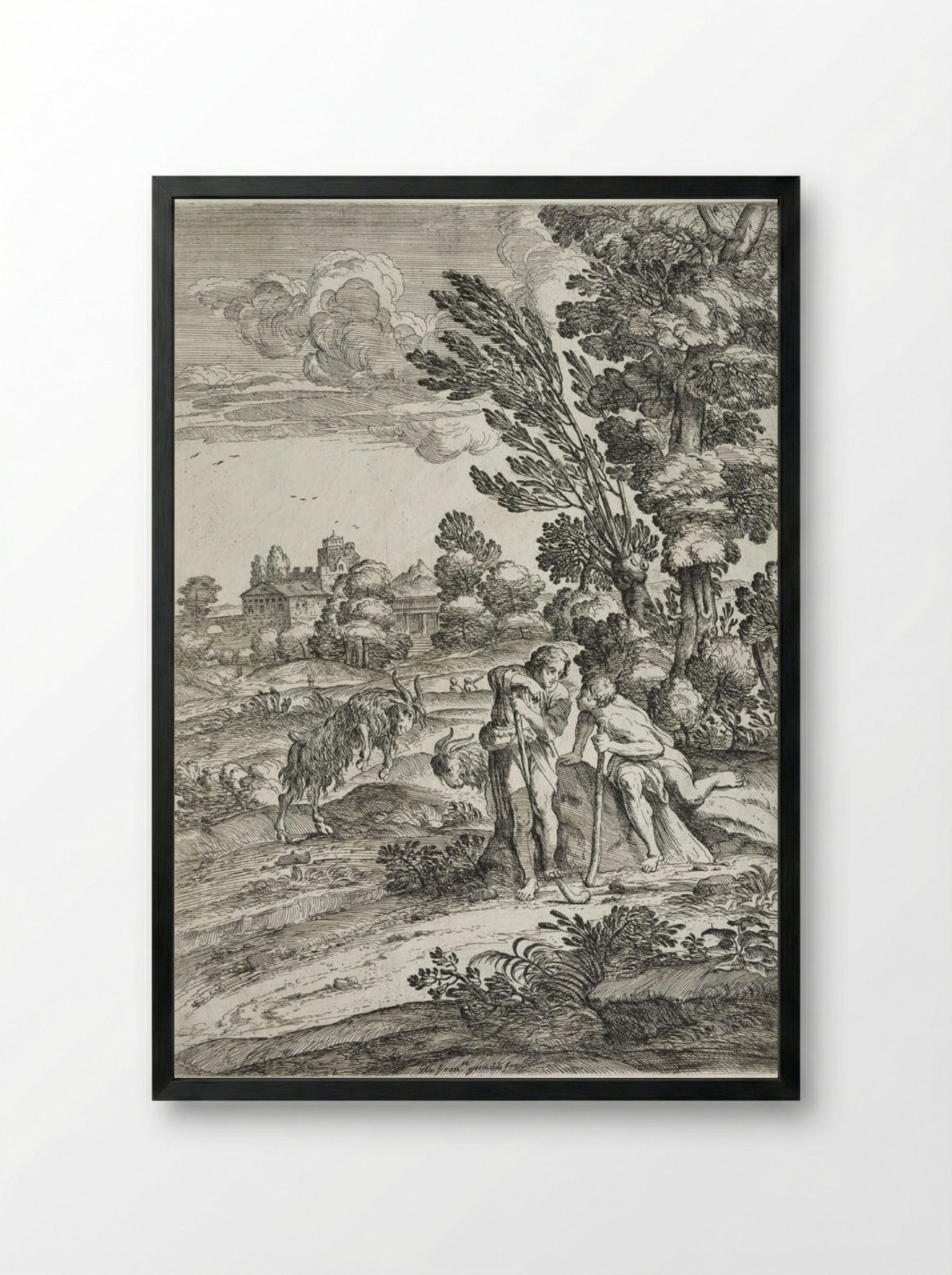Landscape with Two Fighting Goats - Giovanni Francesco Grimaldi - Framed Print Black