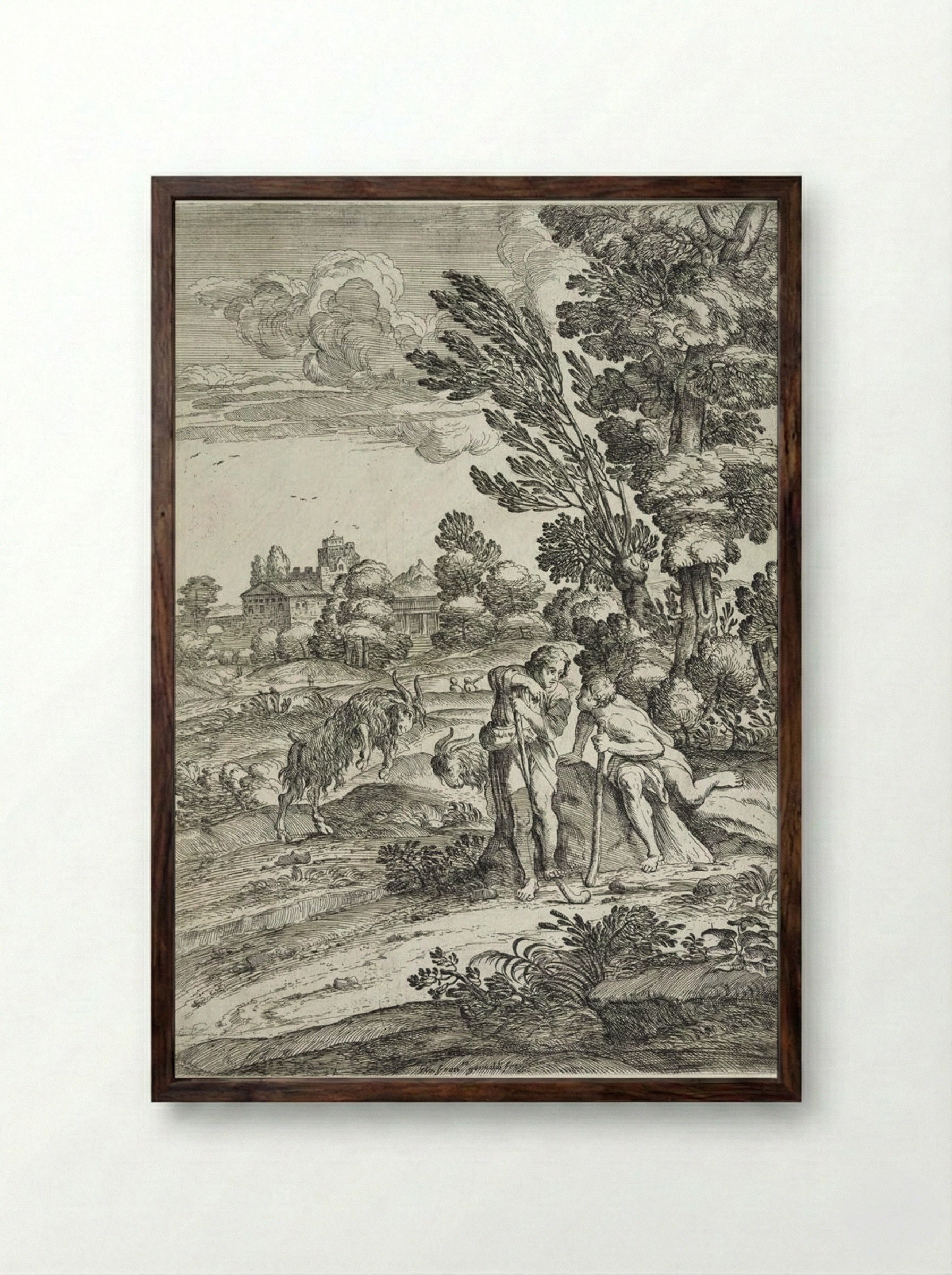 Landscape with Two Fighting Goats - Giovanni Francesco Grimaldi - Framed Print Dark Wood