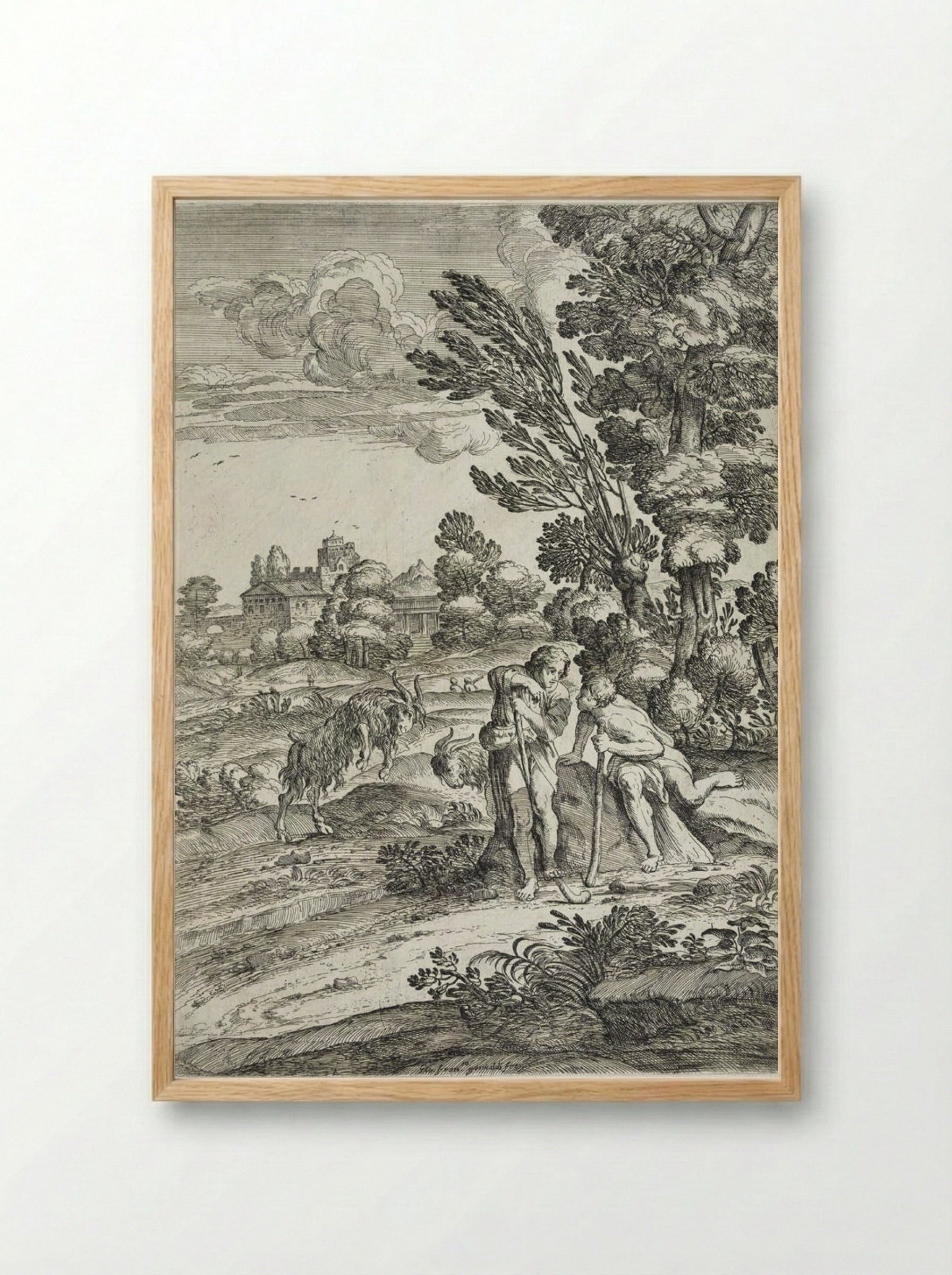 Landscape with Two Fighting Goats - Giovanni Francesco Grimaldi - Framed Print Wood
